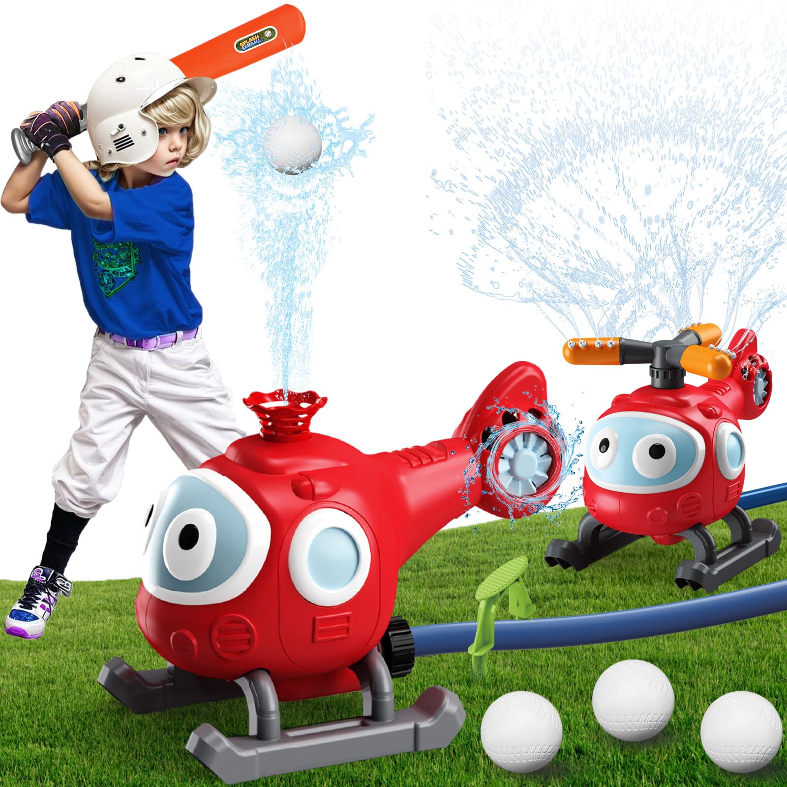 CozyJoyz Water Sprinkler Baseball Toy for Kids, 2 in 1 Helicopter Water Sprinkler T Ball Set with 2 Spray Modes, Summer Outdoor Water Spray Toys for Toddlers Yard, Ages 3+