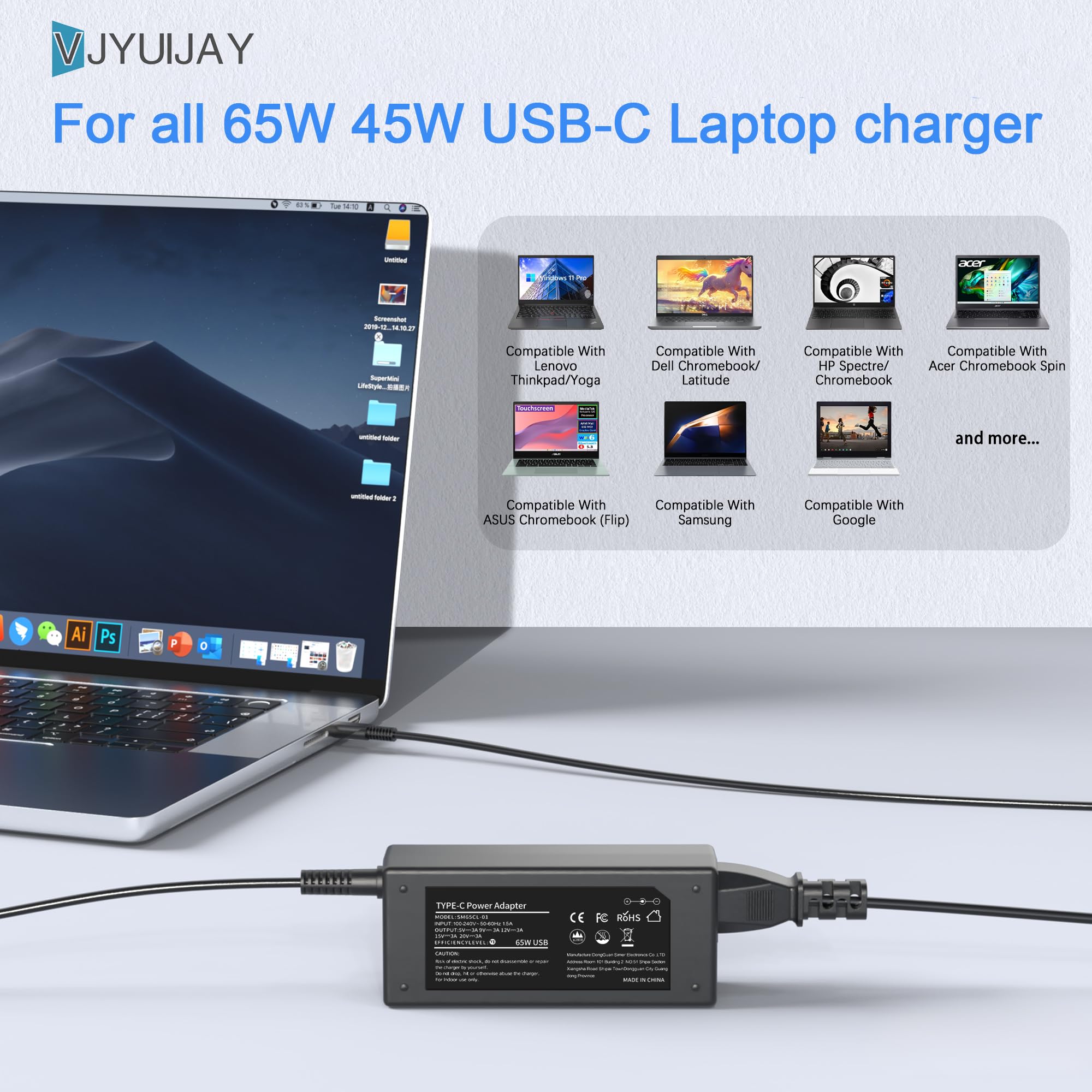 VJYUIJAY Universal 65W USB C Laptop Charger Compatible with HP chromebook Lenovo Dell Acer Asus Samsung Google Computer Type C Power Adapter