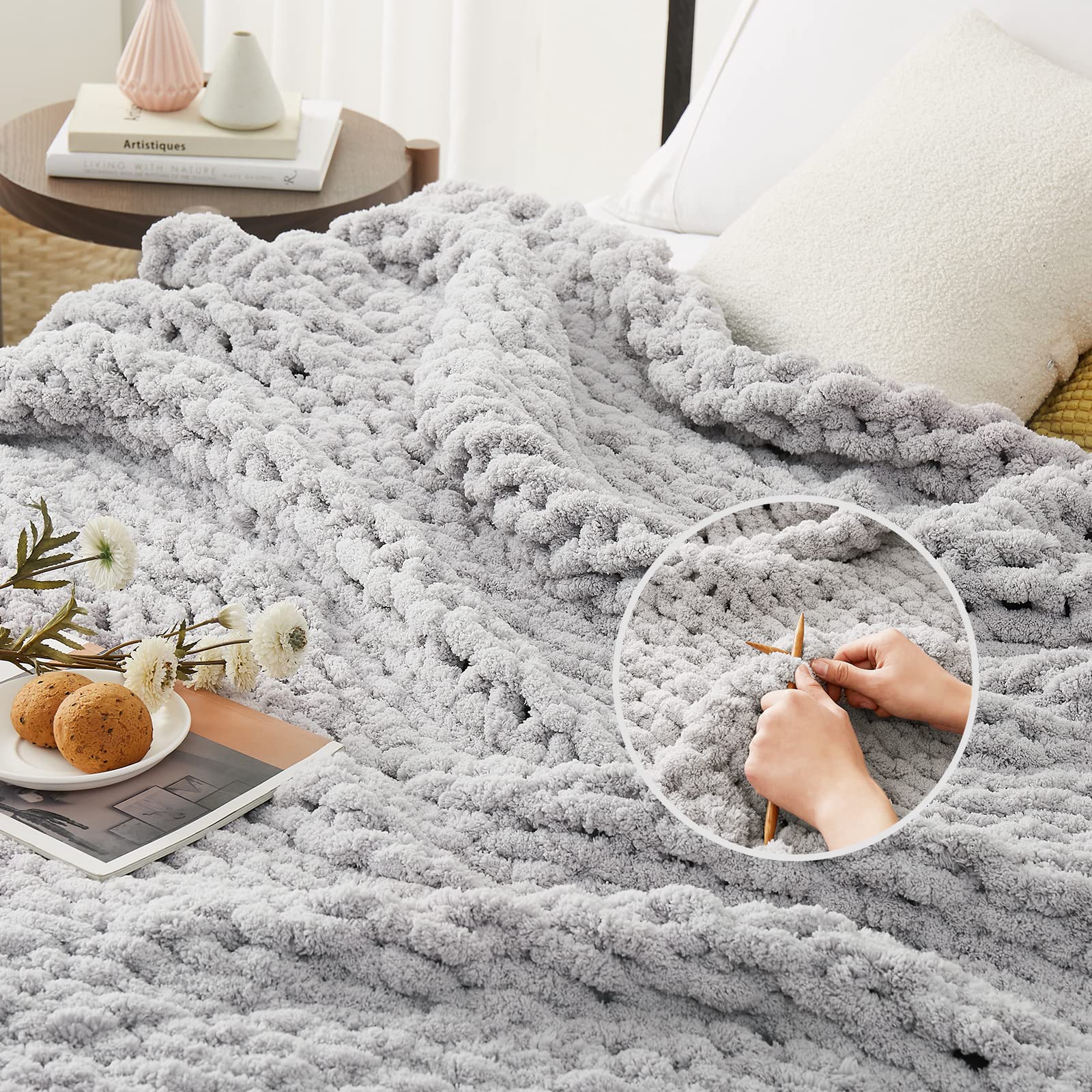 L'AGRATY Chunky Knit Blanket Throw: 72''x84'' Chenille Chunky Knitted Throw Blanket for Bed Couch - Handmade Thick Big Cable Knit Blanket - Large Chunky Crochet Rope Blanket for Home Decor(Grey)