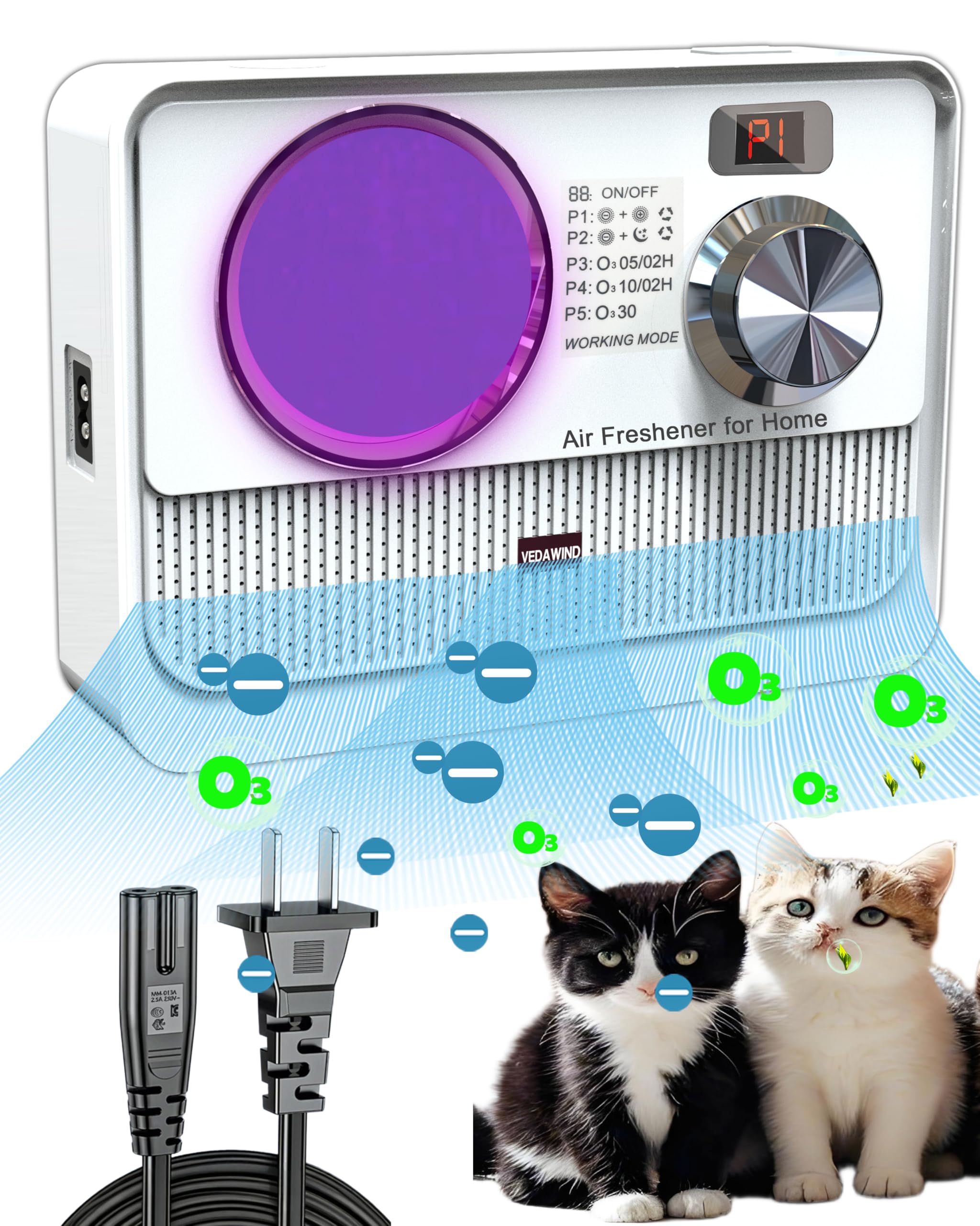Vedawind 3-in-1 Ionic Air Purifier, Cat Litter Deodorizer, Air Freshener for Home with Ozone Generator, Ionizer, U Light – Reduce Pets Poof Odor, Litter Smell, Smoke, Dust,Plug-in to Use