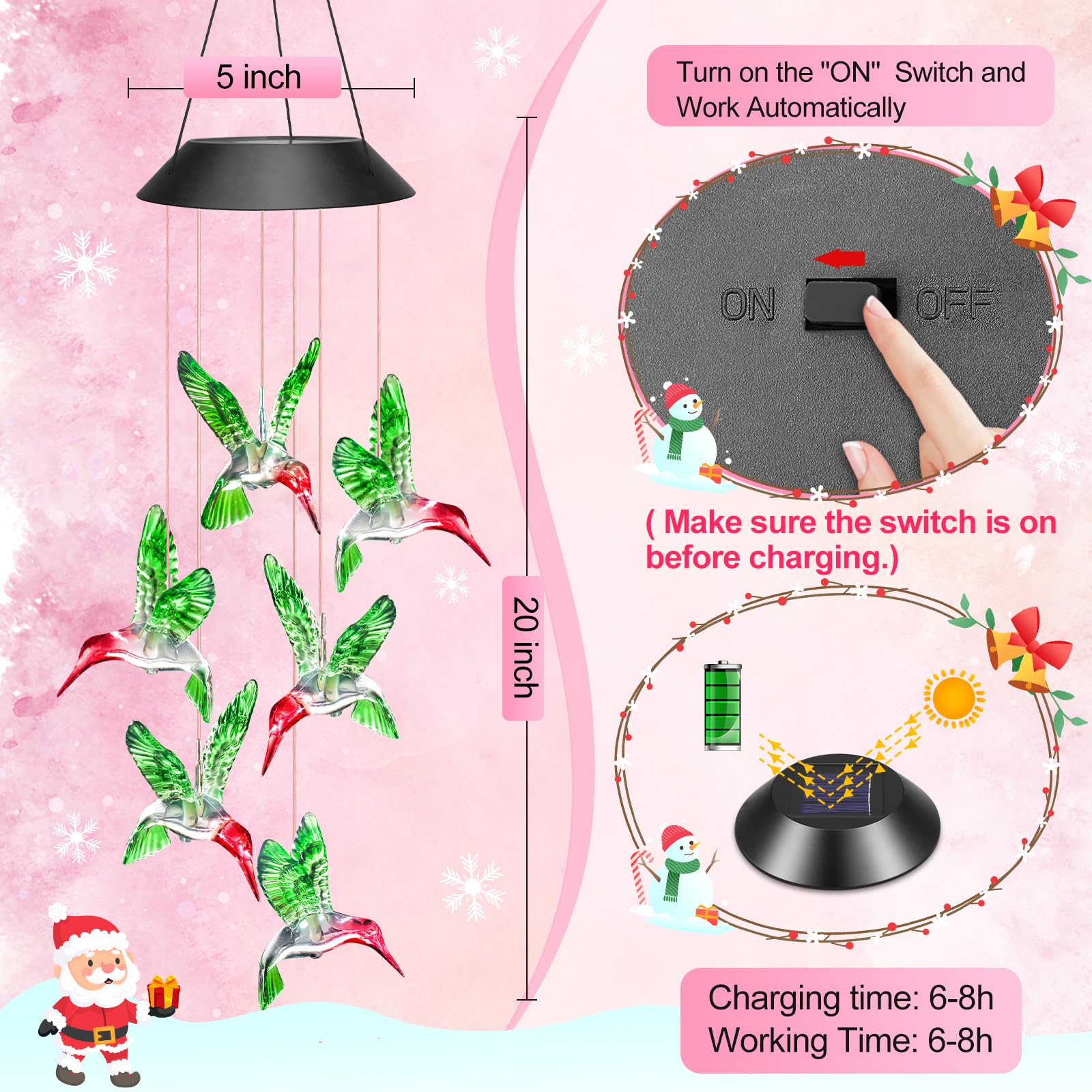 Stocking Stuffers for Women Thanksgiving Decorations Christmas Solar Lights Outdoor Gifts for Women Mom Grandma Wife, Winzwon Hummingbird Wind Chimes for Outside Garden Patio Yard Porch.