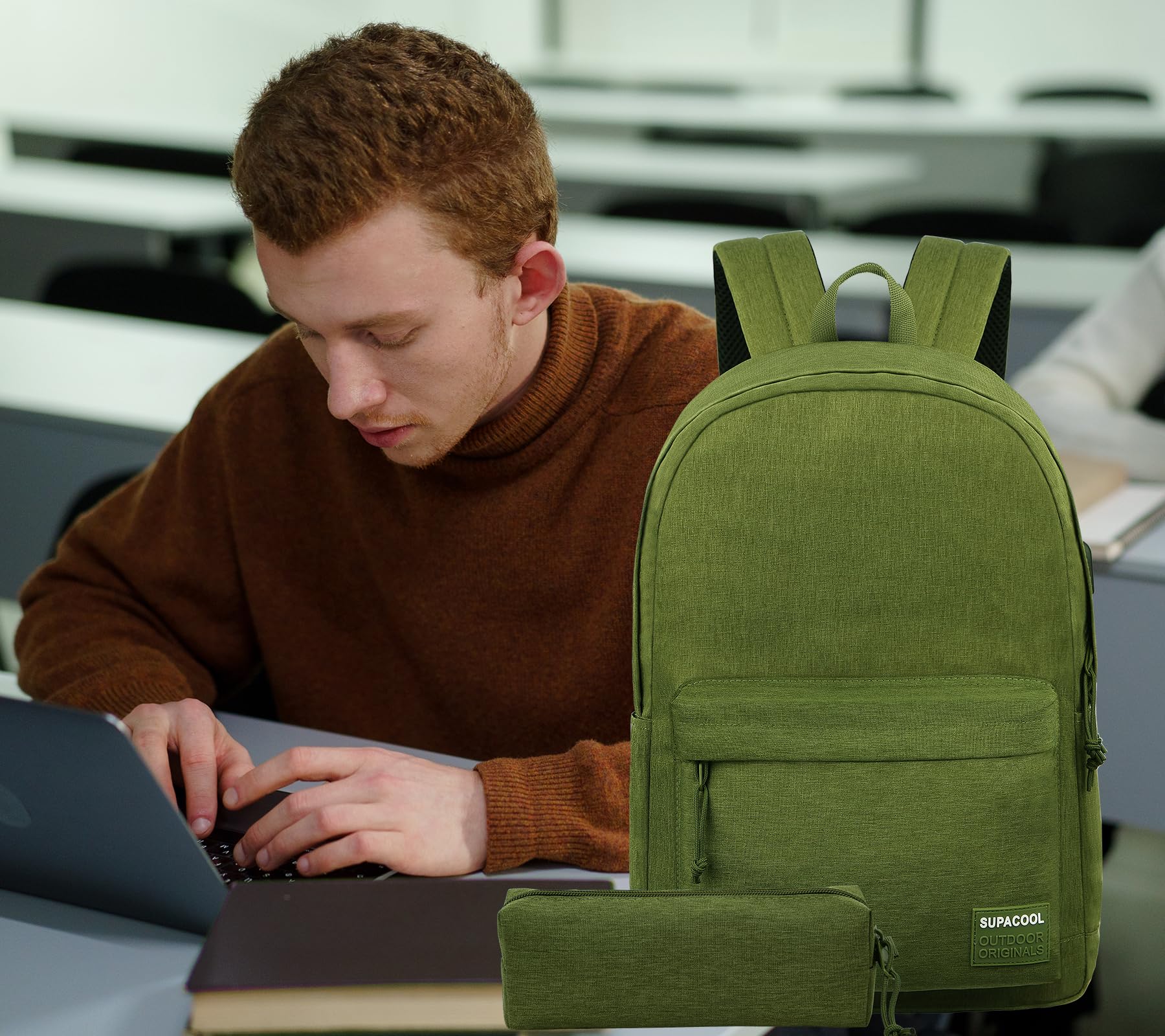 SUPACOOL Lightweight Casual Laptop Backpack & Pencil Pouch, School Backpack with USB Charging Port for Men and Women, Bookbag for Boys and Girls, Work Backpack(Olive set)
