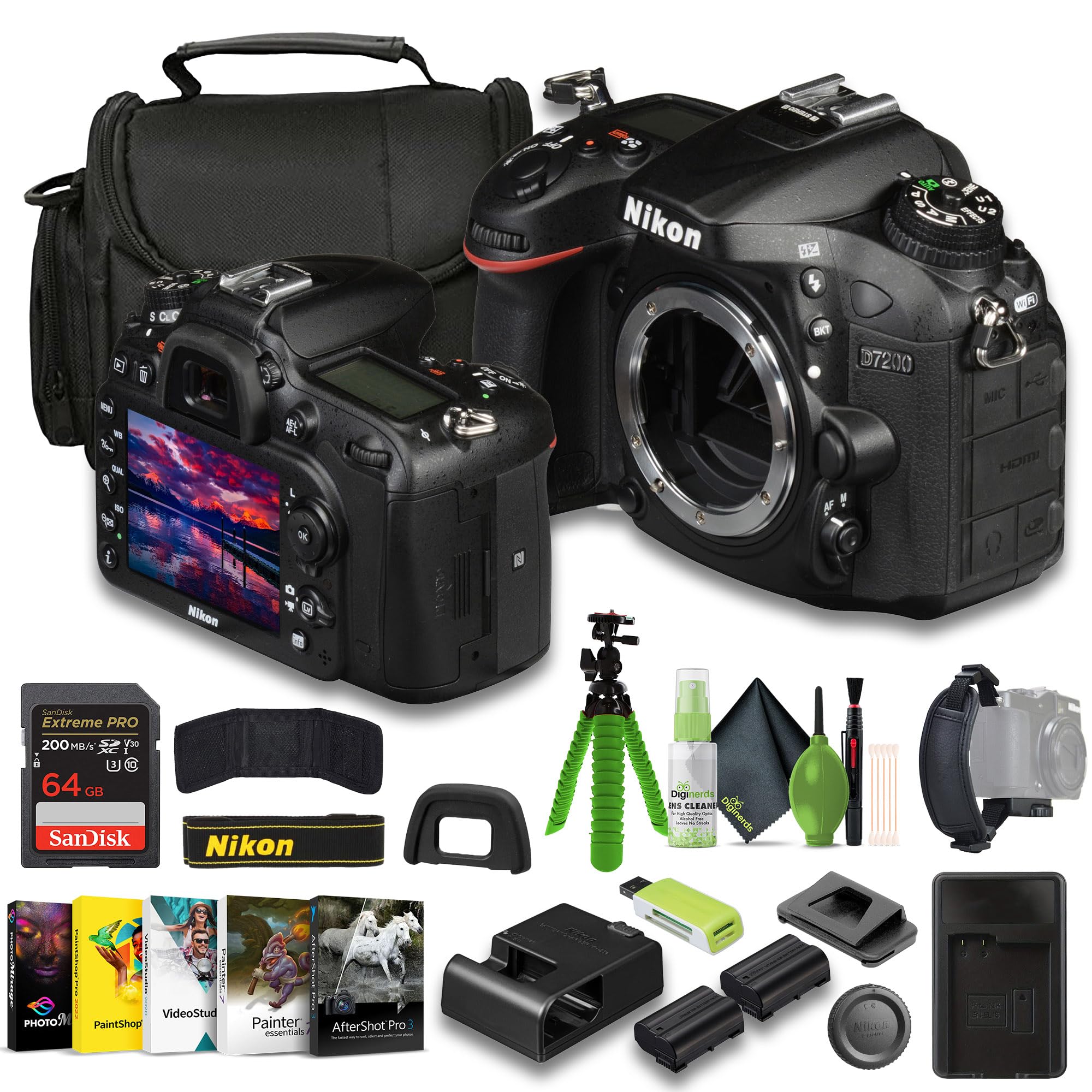 Nikon D7200 24.2 MP DX-Format Digital SLR Camera + EN-EL15C Battery + External Charger + Extreme PRO 64GB Card + Card Reader + Hand Strap + 12 Inch Flex Tripod + Photo Editing Software + More