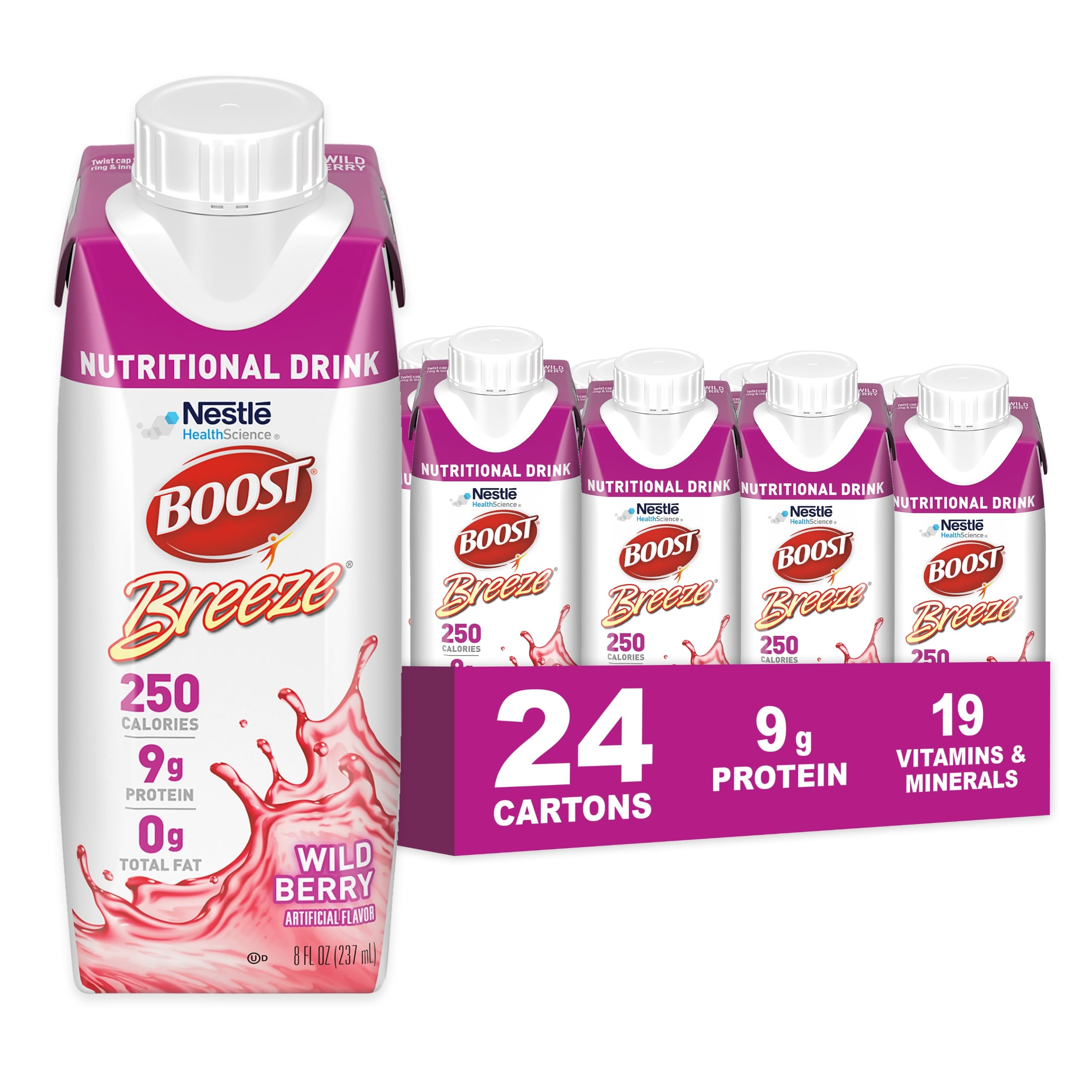 BOOST Breeze Clear Nutritional Drink, 9g Protein, 250 Nutrient-Rich Calories, Wild Berry, 8 fl oz (Pack of 24)