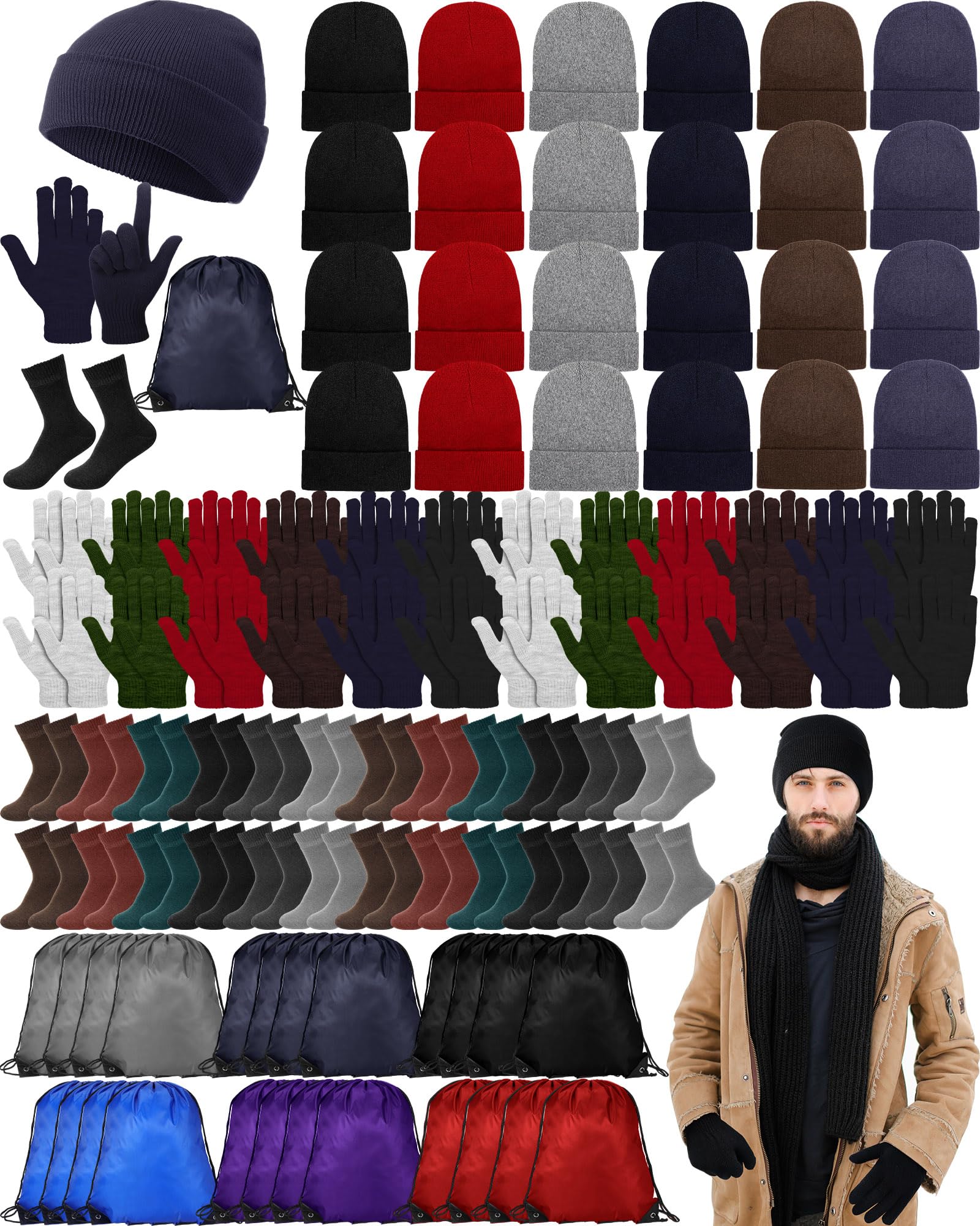 Suhine 96 Pcs Homeless Supplies Bulk Include Knitted Beanie Hat Winter Gloves Warm Socks Drawstring Backpack Bags for Winter (Colorful)