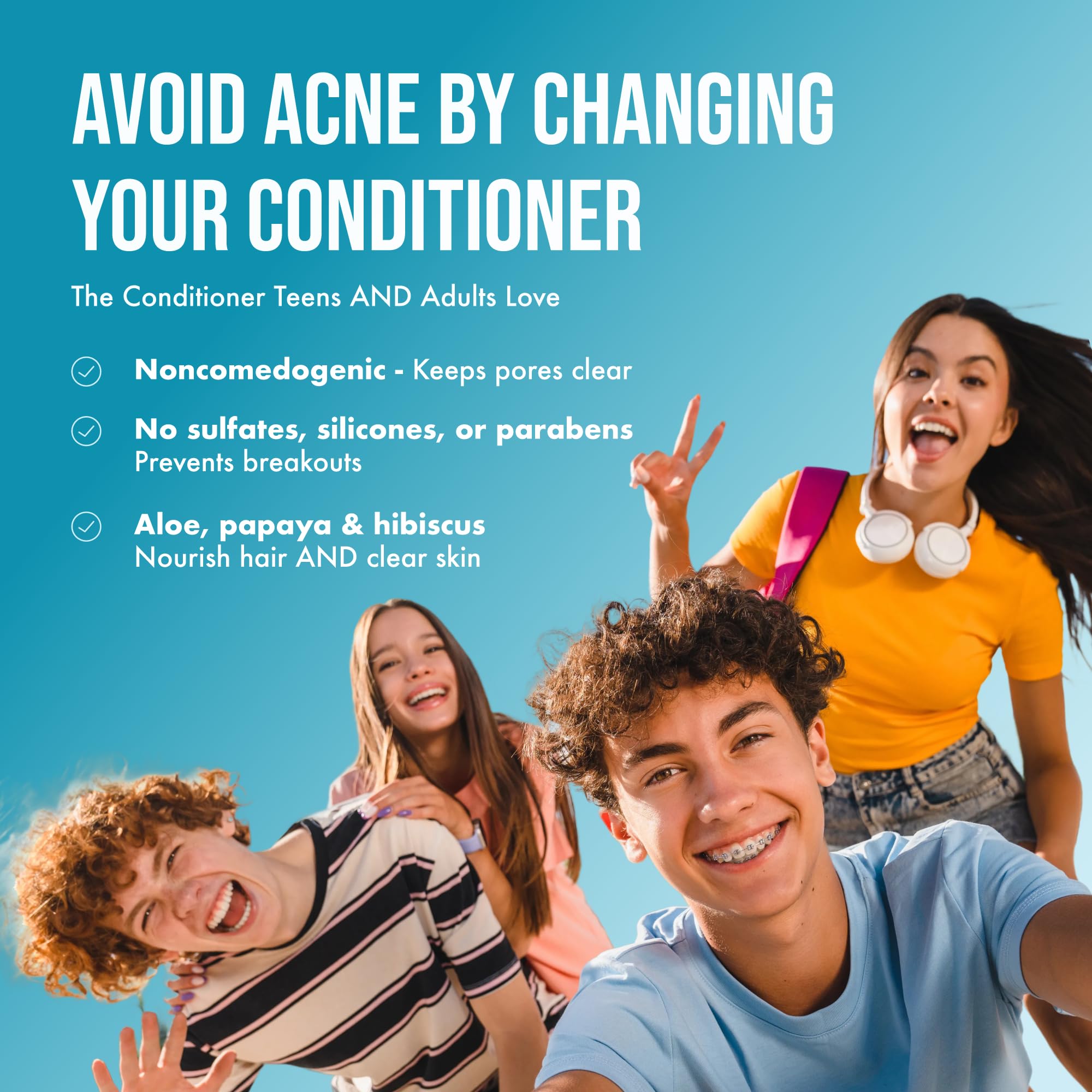 Teenology Conditioner for Teens - Avoid Forehead and Body Acne - Sulfate and Paraben Free, Noncomedogenic, Natural Botanical Extracts, Blueberry Pomegranate Cucumber - 16 oz.