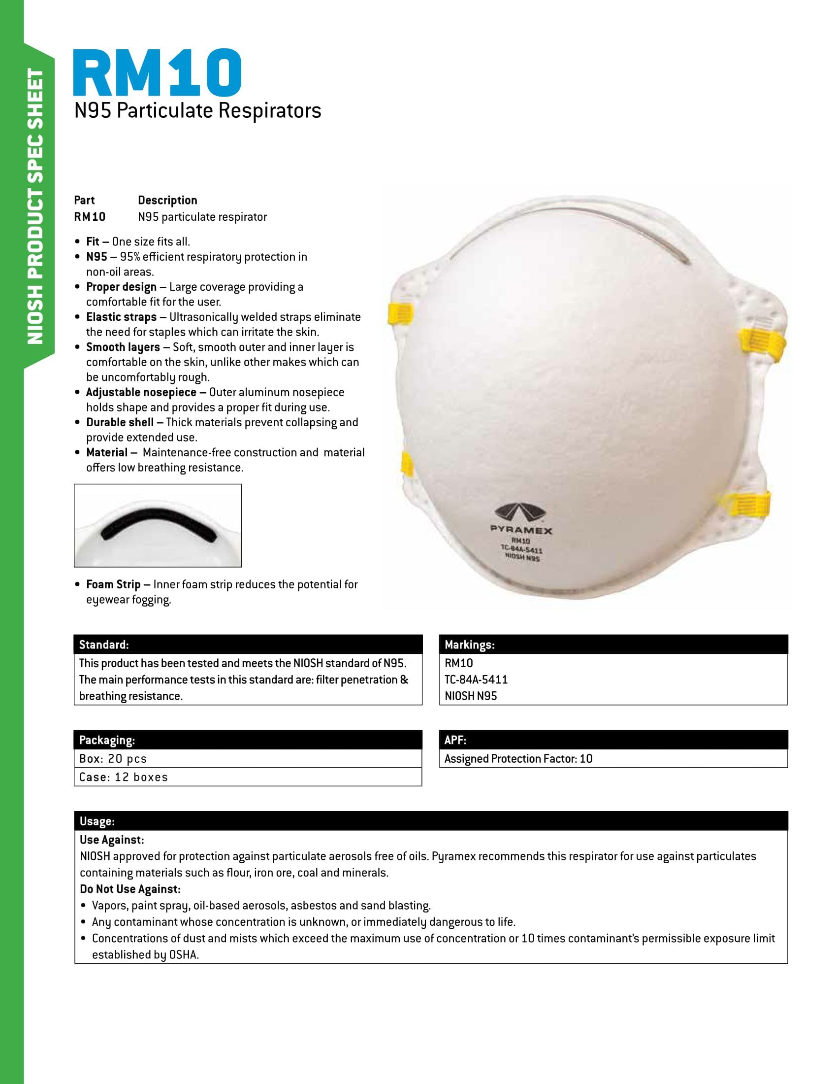 Pyramex RM10 N95 Particulate Dust Masks Cone Respirator Masks (20 Pack)