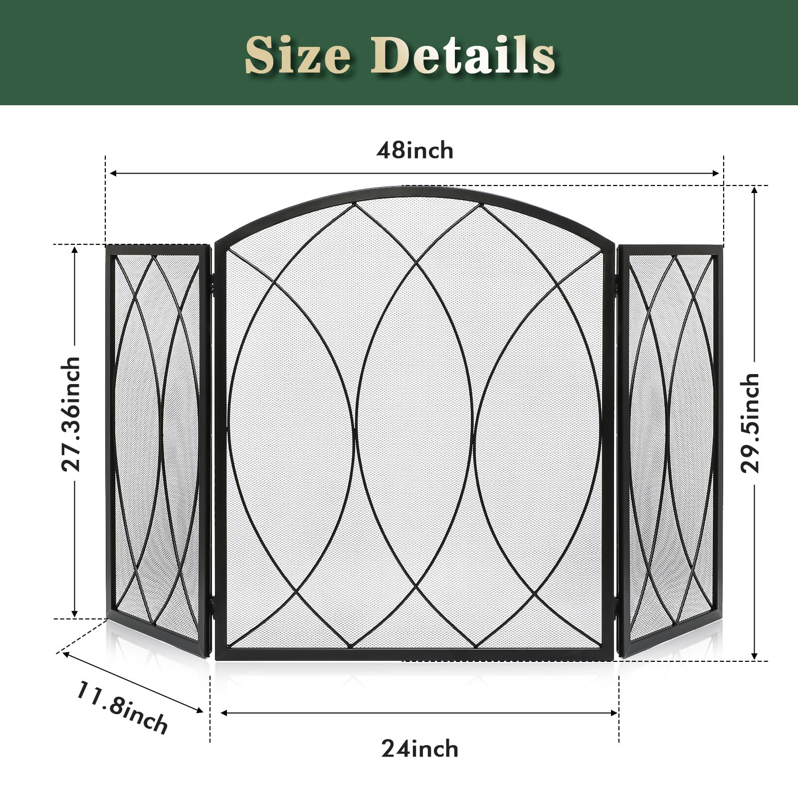 FEED GARDEN 3 Panel Fireplace Screen 48" W x 29.5" H Modern Foldable with Wrought Metal Decorative Mesh,Arch Heavy Duty Fire Spark Guard Cover for Home Decor Indoor, Black