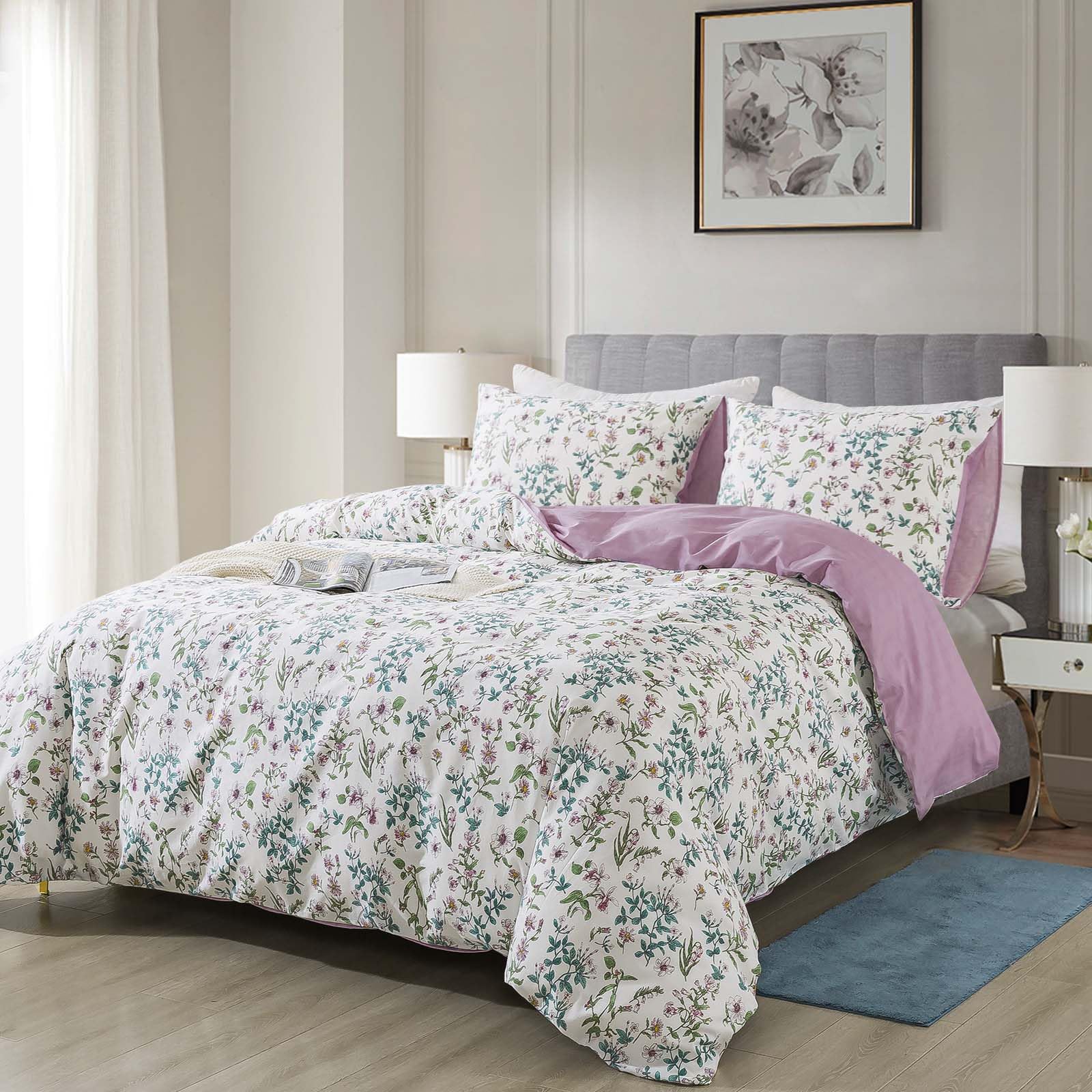 HoneiLife Cotton Duvet Cover Queen - Floral Comforter Cover 3-PC, Soft & Breathable Flower Bedding Duvet Cover Sets with Zipper Closure & Corner Ties, Wildflower Comforter Cover Sets, Blooms