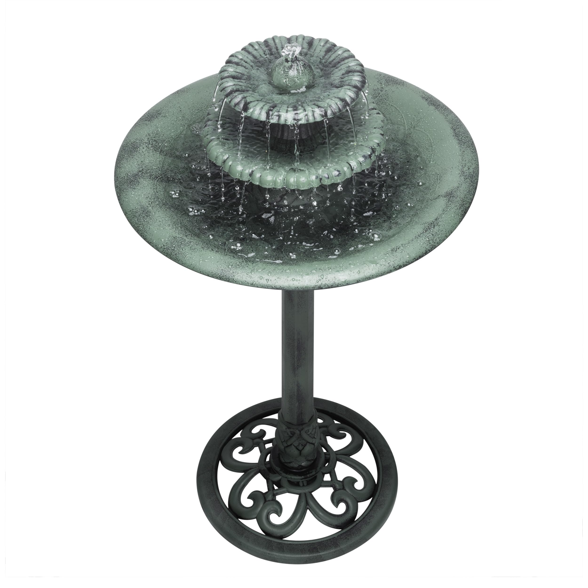 Alpine Corporation - TEC106 Outdoor Floor 3-Tiered Pedestal Water Fountain and Birdbath, Pedestal Waterfall Fountain, 35", Green - Relaxing Water Feature for Garden, Patio, Deck, or Yard
