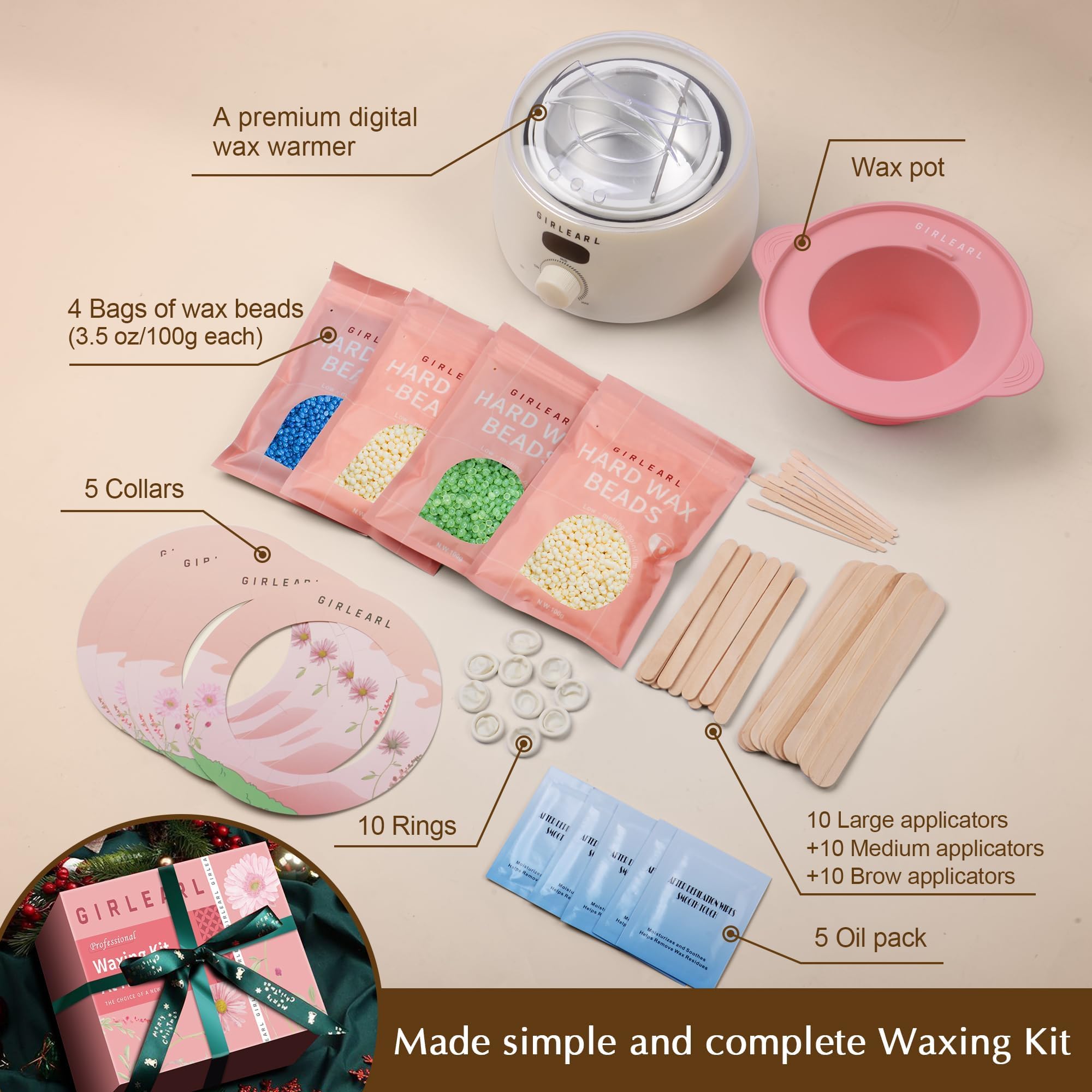 GIRLEARLE Premium Digital Waxing Kit for Women and Men, Wax Warmer Hair Removal at Home with Wax Beads & Silicone Pot, Target Different Types of Sensitive Skin Brazilian Bikini, Facial, Leg, Full body