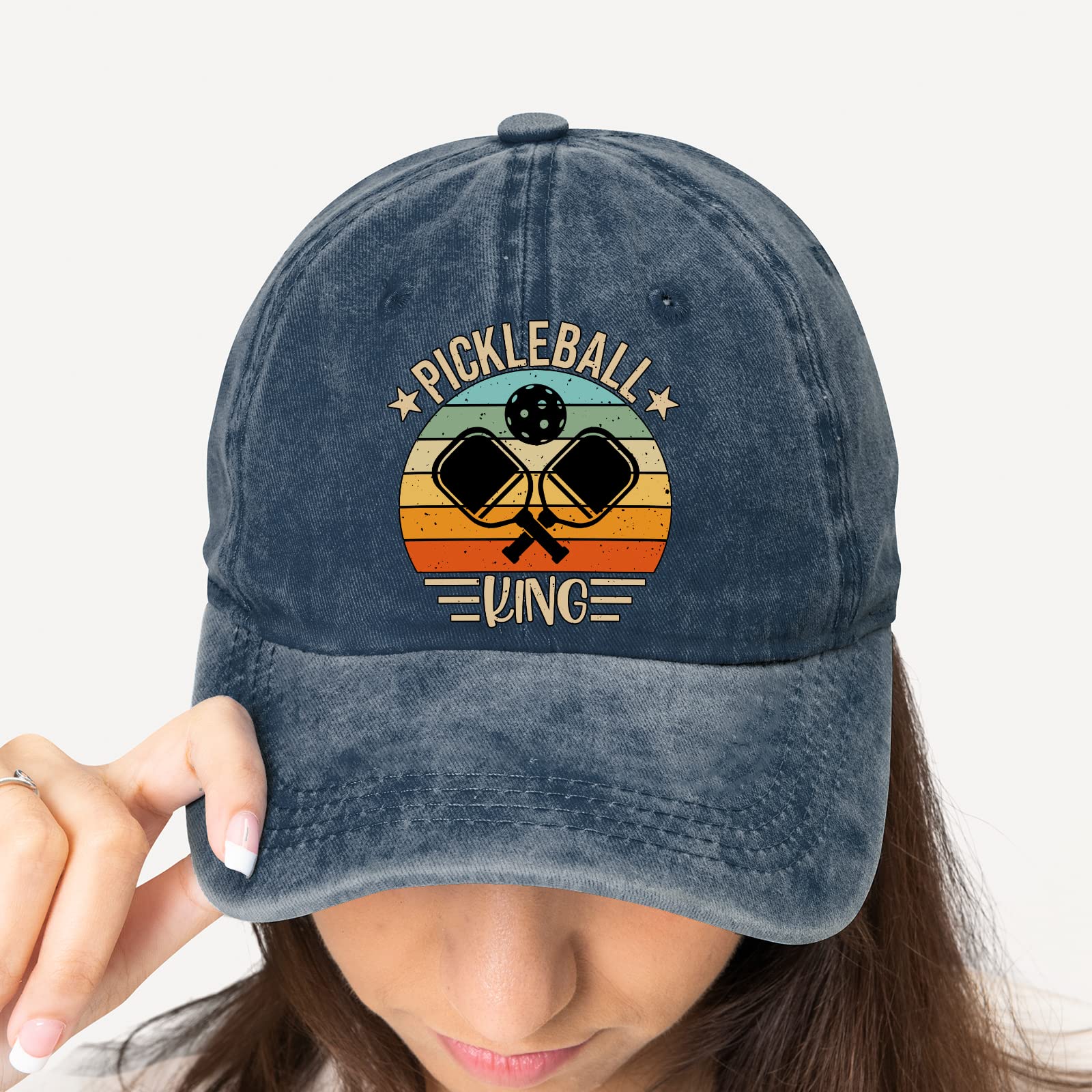 Pishovi Pickleball King Fun Distressed Washed Blue Baseball Cap, Vintage Adjustable Cotton Cap, Funny Retirement Gift for Man Woman, Christmas Birthday Gifts for Dad Grandpa Pickleball Lover