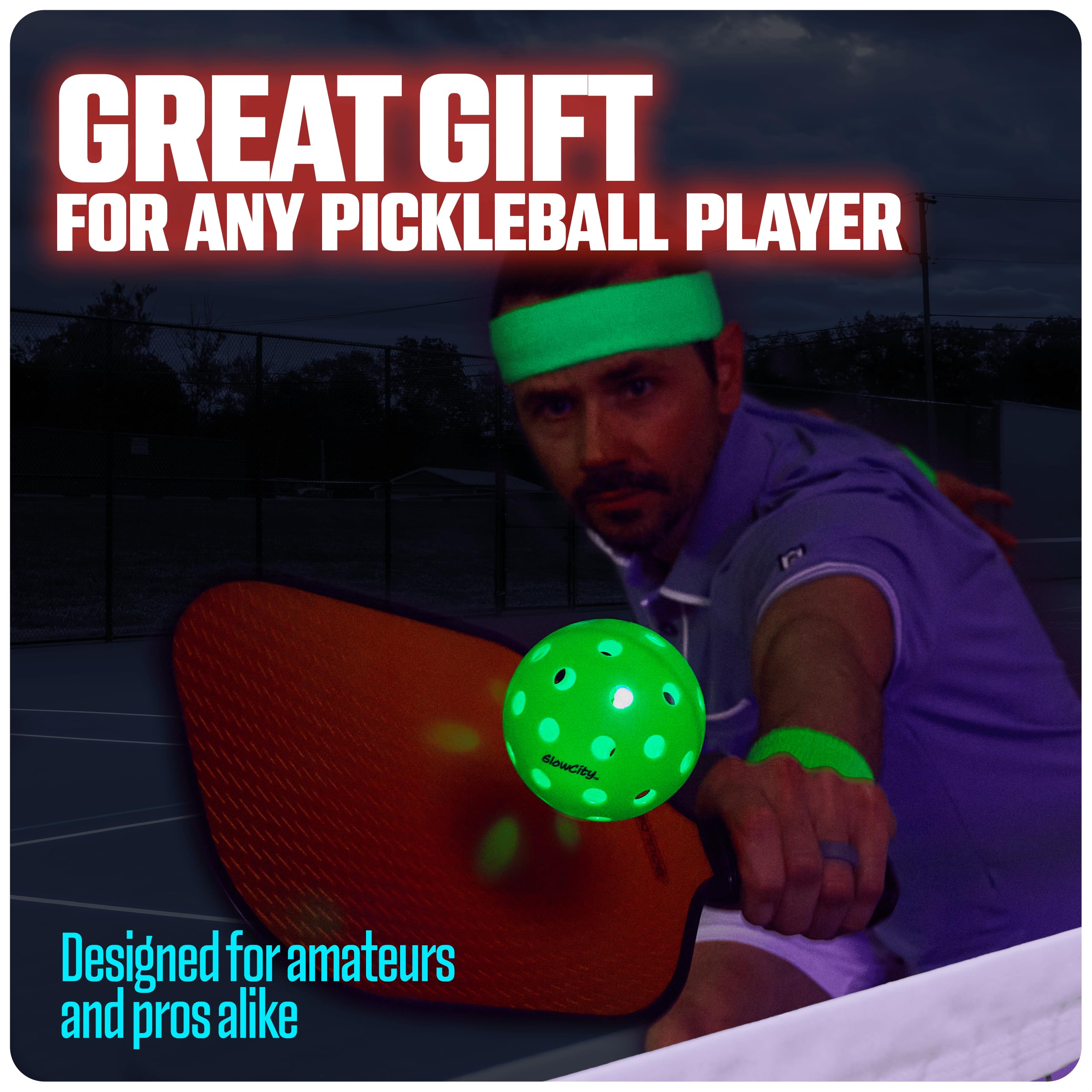 GlowCity Set of 4 LED Pickleball Set: Illuminate Your Game with Dazzling Glow in The Dark Pickleballs- Great for Night Time Play