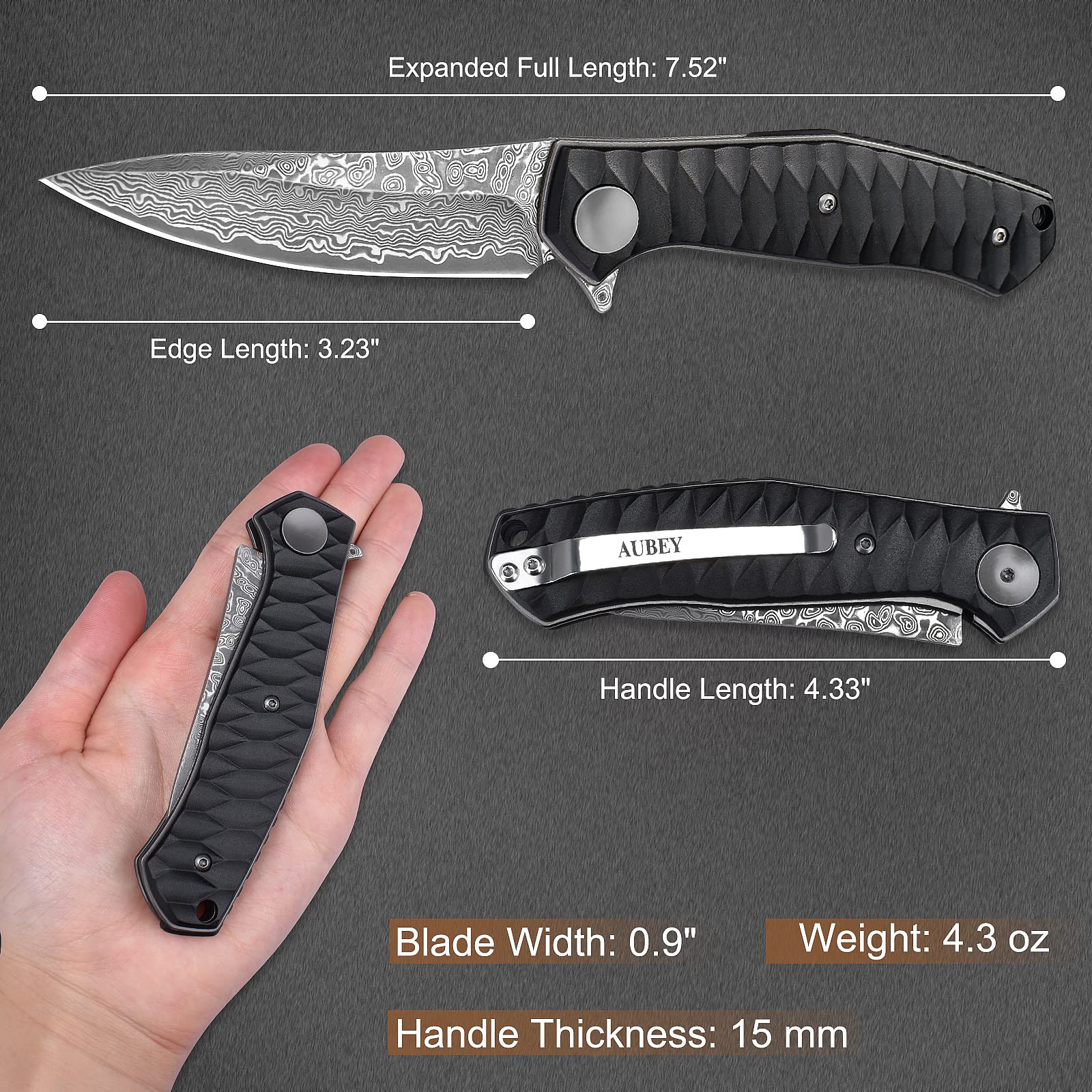 AUBEY Damascus Pocket Knife for Men with Clip EDC, 3.23" VG10 Core Damascus Steel Blade Folding Knife with Black Aluminum Handle, Sharp Camping Knife