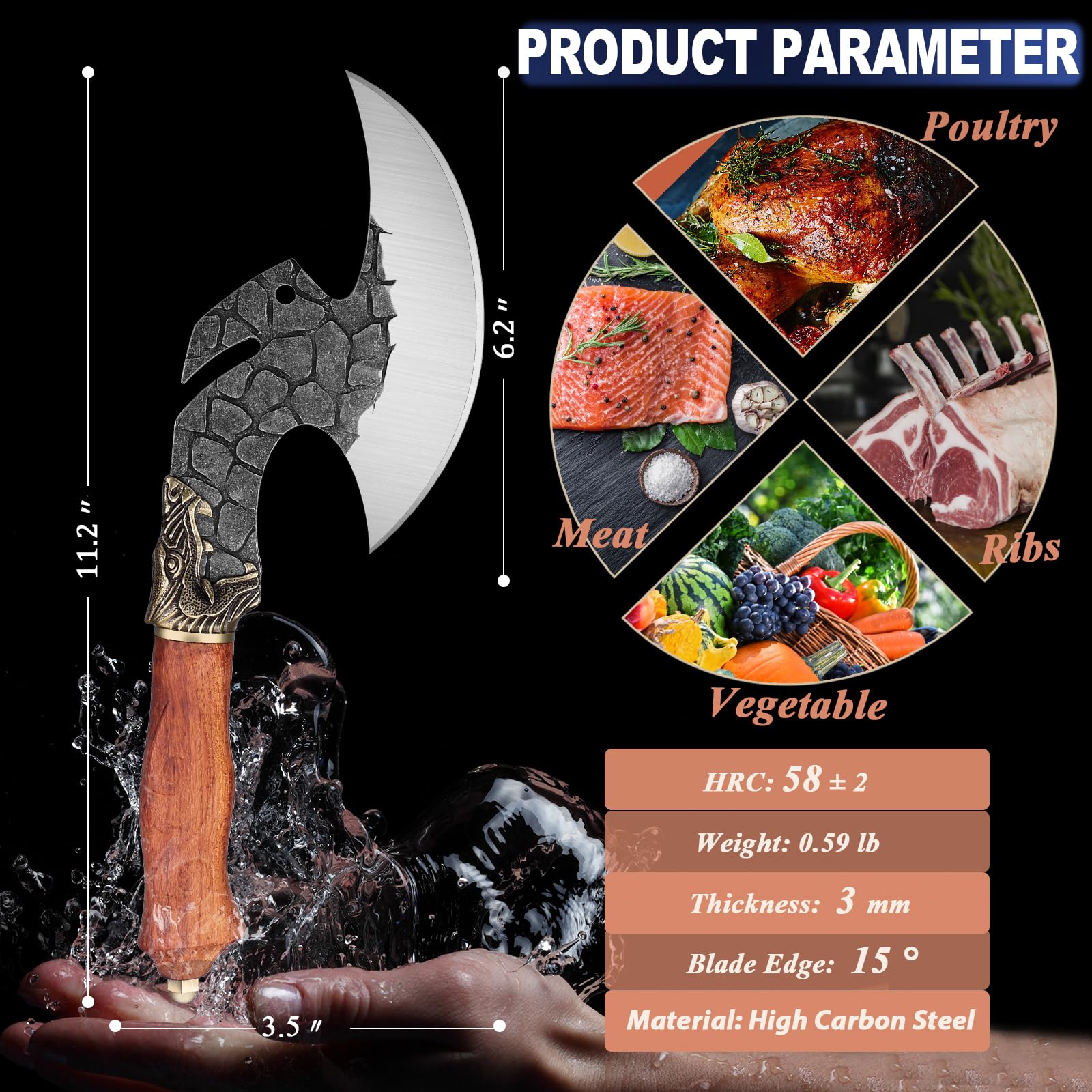 ROCOCO Viking Cleaver Knife Butcher Meat Cutting Boning Knife Hand Forged Chinese Kitchen Axe with Sheath Home Outdoor BBQ Camping Chirstmas Birthday Chirstmas Mother Father Gift Men