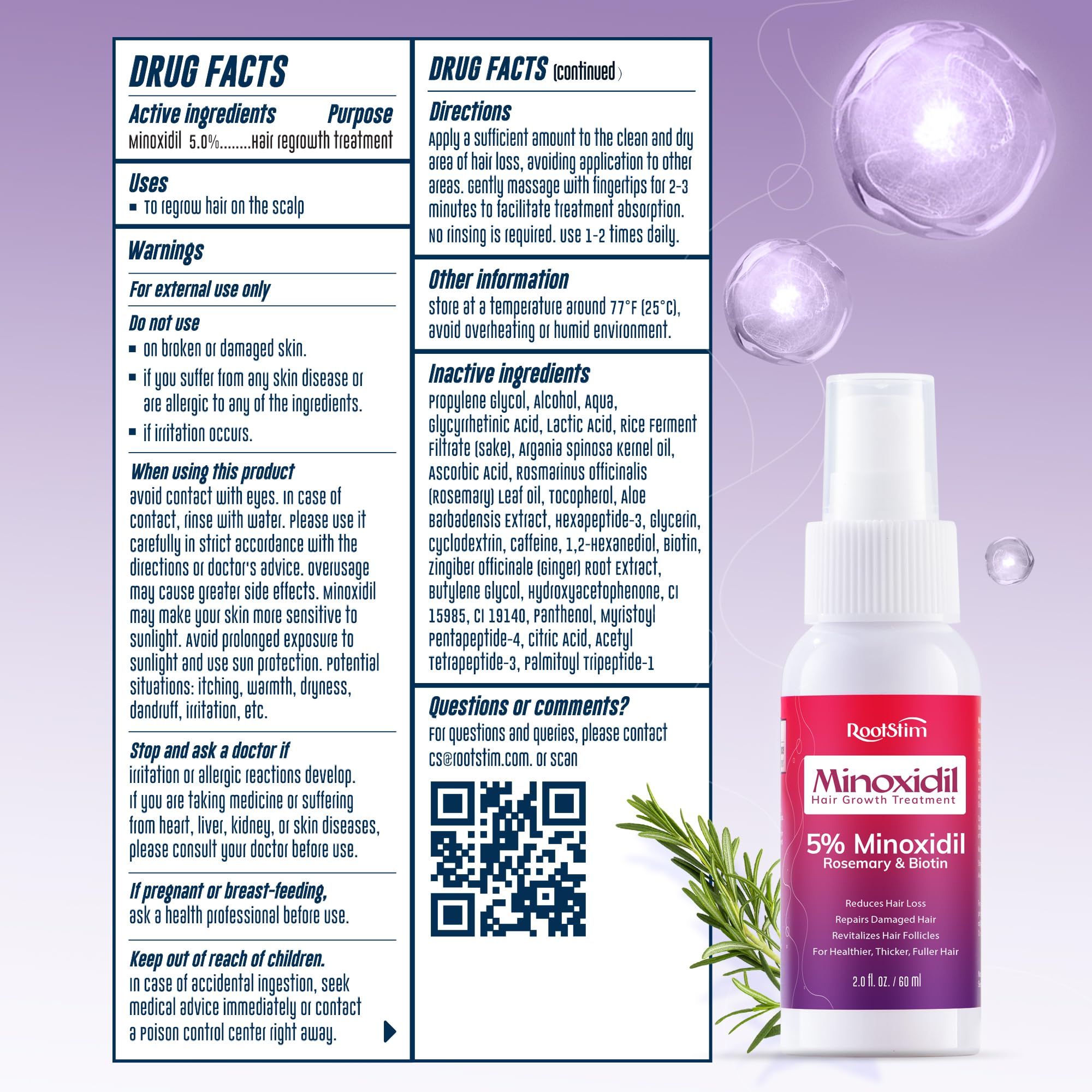 Women's 5% Minoxidil Spray for Hair Growth: RootStim Extra Strength Minoxidil with Rosemary & Biotin for Thinning Hair Regrowth and Fuller Hair 60 ML