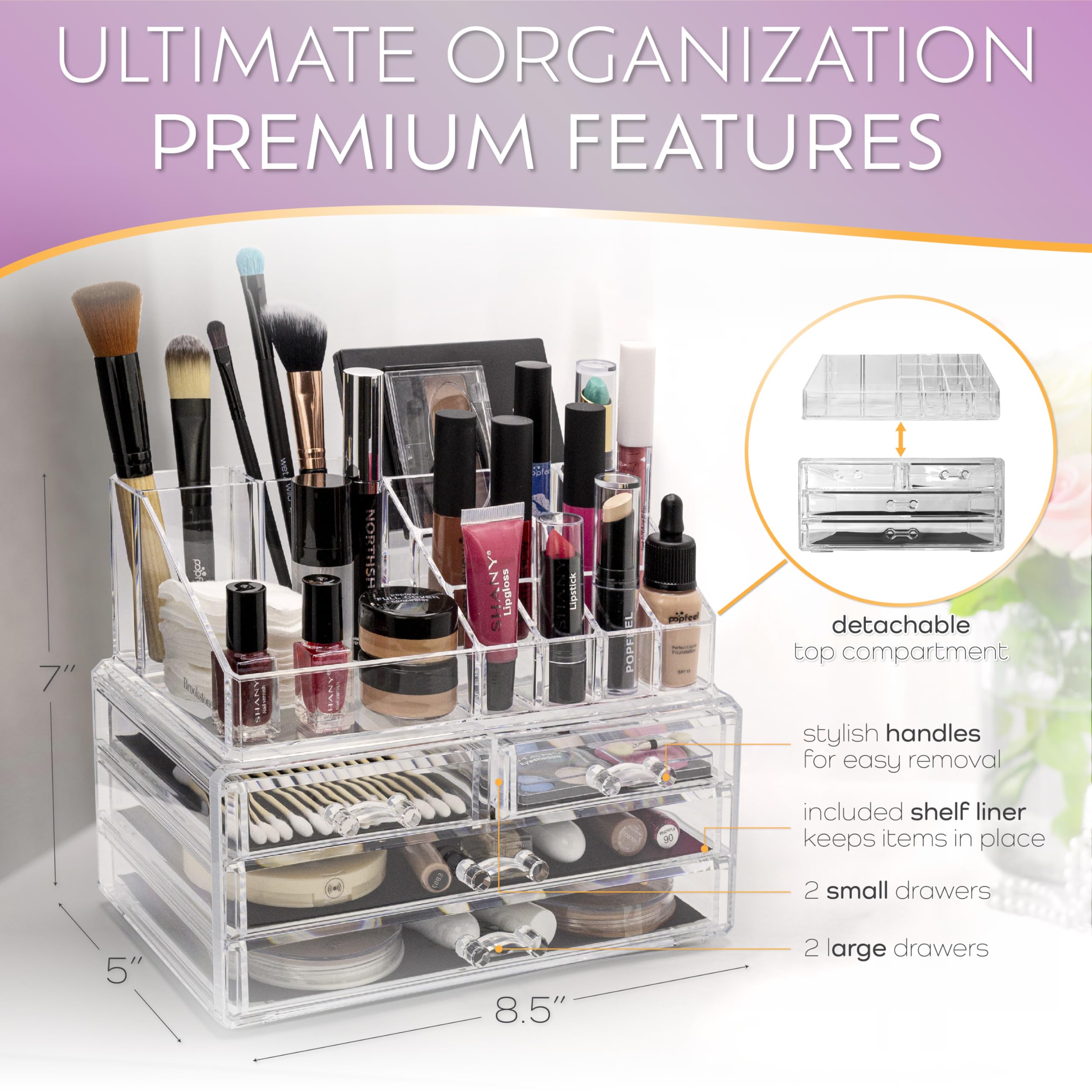 BROOKSTONE Makeup Organizer for Vanity, Cosmetic Display Case with Drawers, Fits Brushes, Lipsticks, and Other Accessories, Versatile Storage Solution, clear…