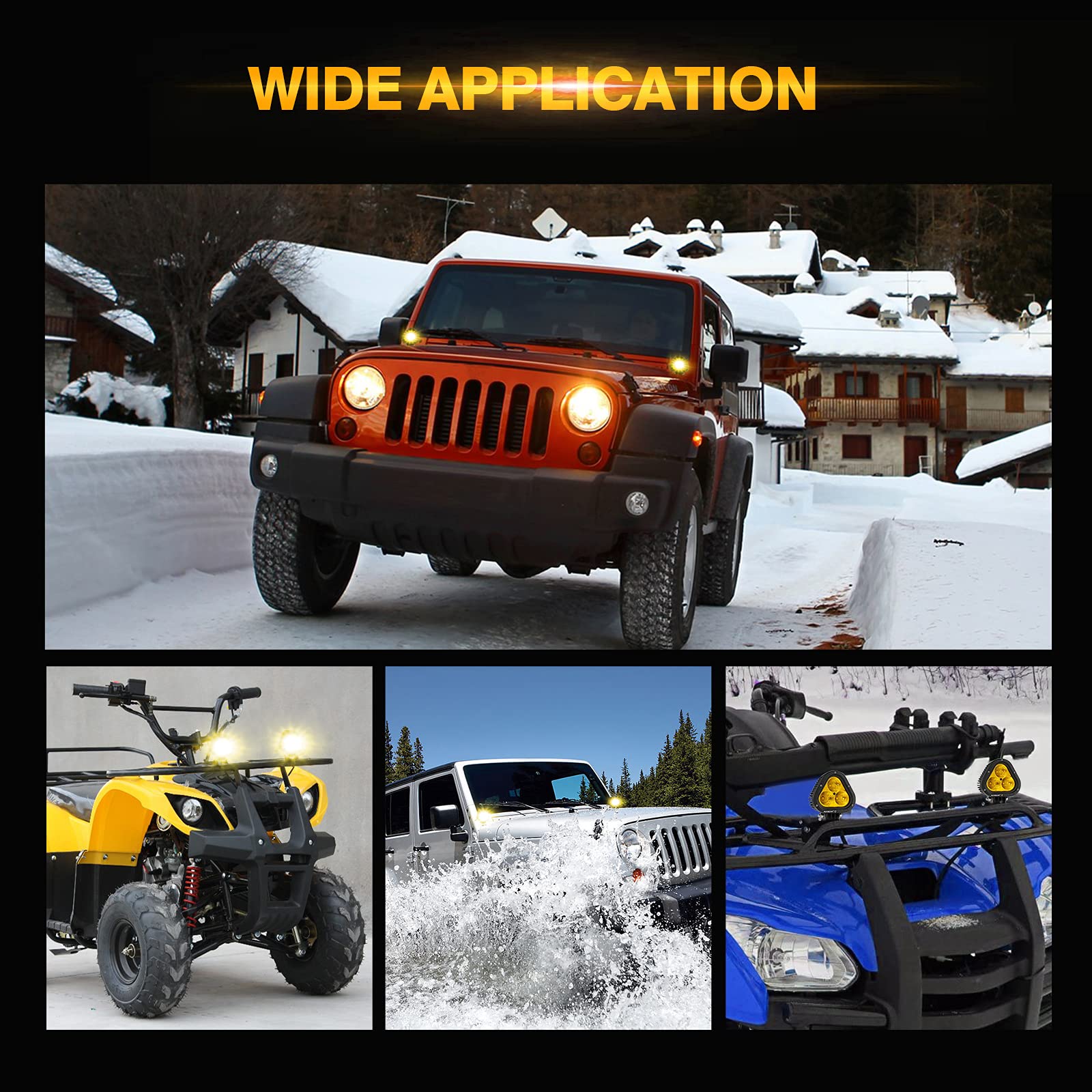 Auxbeam 4in 90W Led Amber Fog Light, Super Bright 9000LM LED Off Road Light Yellow Spot Flood Combo Triangle Led Pod for Jeep Motorcycle SUV Trucks Boat