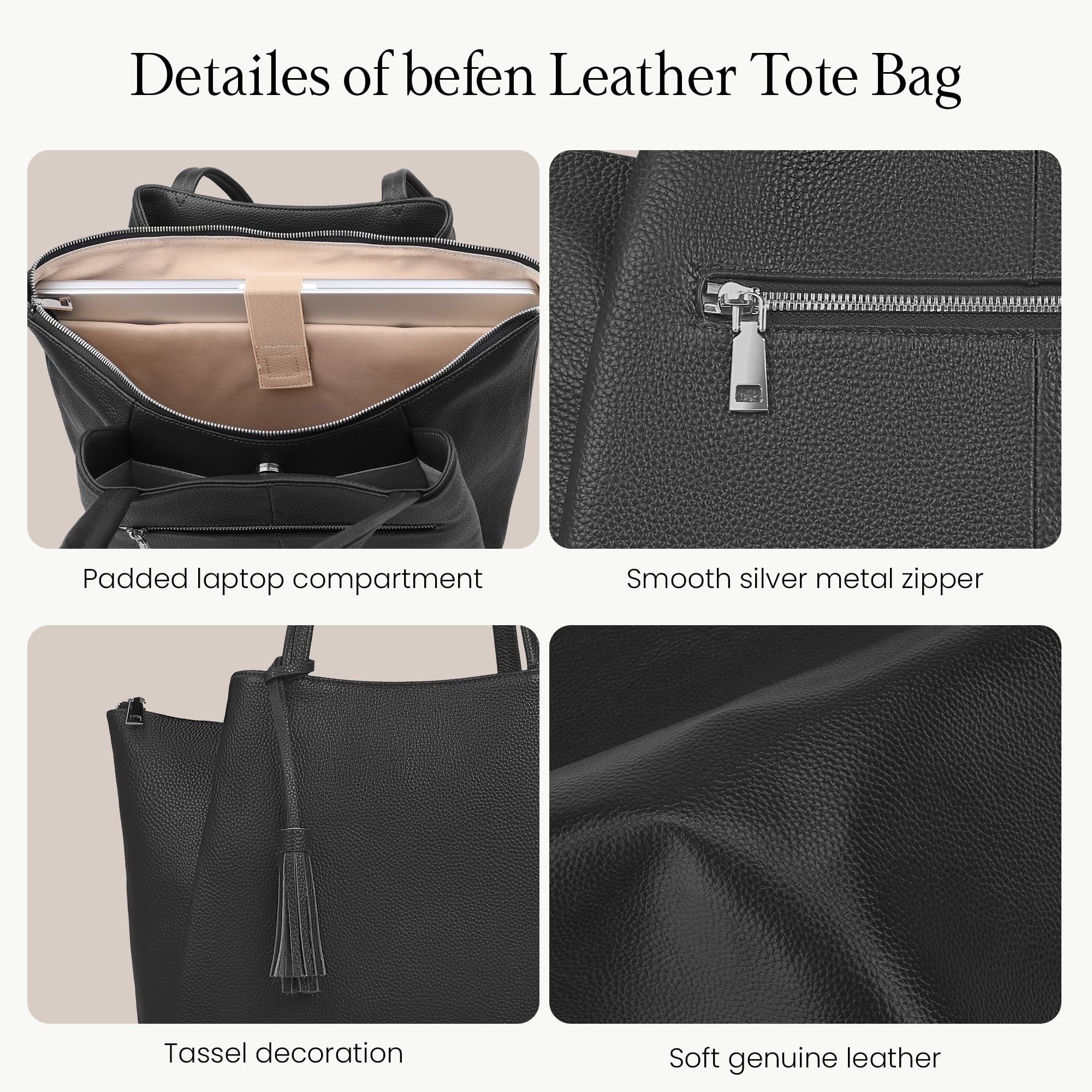 befen Black Genuine Leather Tote Bag for Women Work, Womens Tote Bags Shoulder Purses Totes with Compartments Handbags for Office Travel Casual