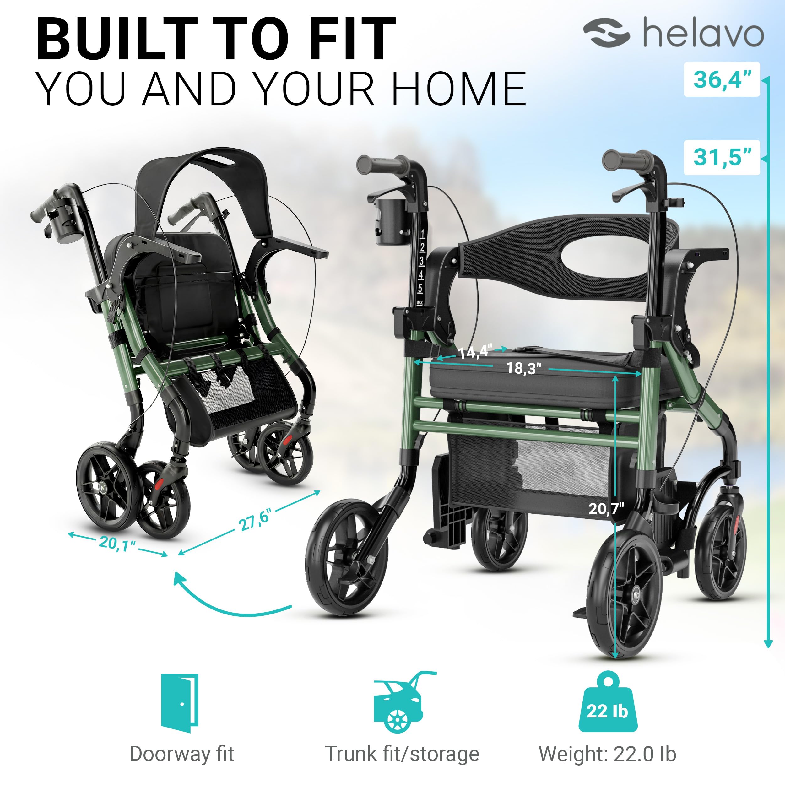 Helavo 2 in 1 Walker Wheelchair Combo with 10" All Terrain Wheels, Lightweight Rollator Transport Chair Combo, 300 lbs Load Capacity with Adjustable Height