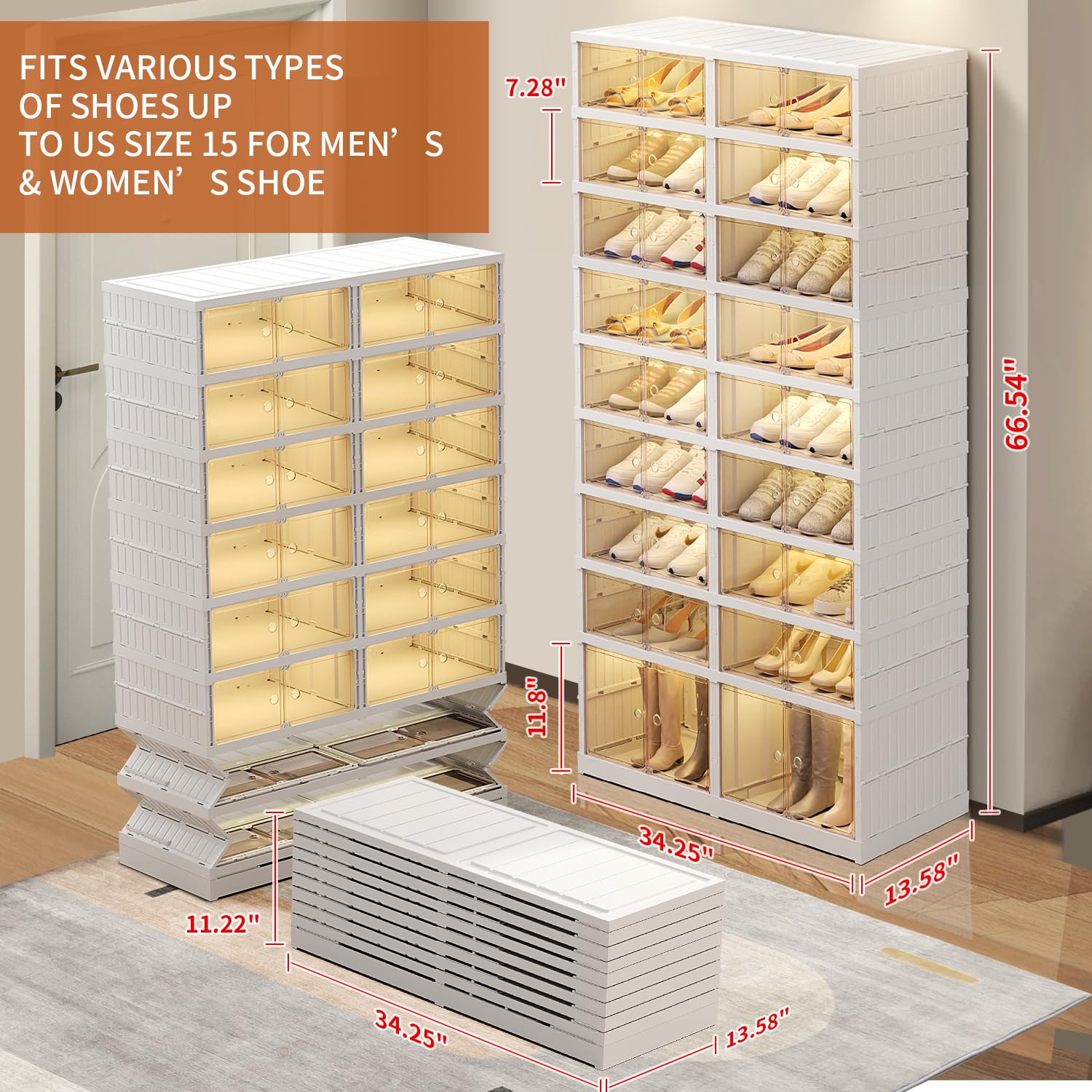 EHAMILY 9 Tier Foldable Shoe Rack Organizer for Closet 18-36Pairs Plastic Collapsible Shoe Shelf for front door entrance Stackable Clear Folding Shoes Storage Boxes Tall Shoe Cabinet