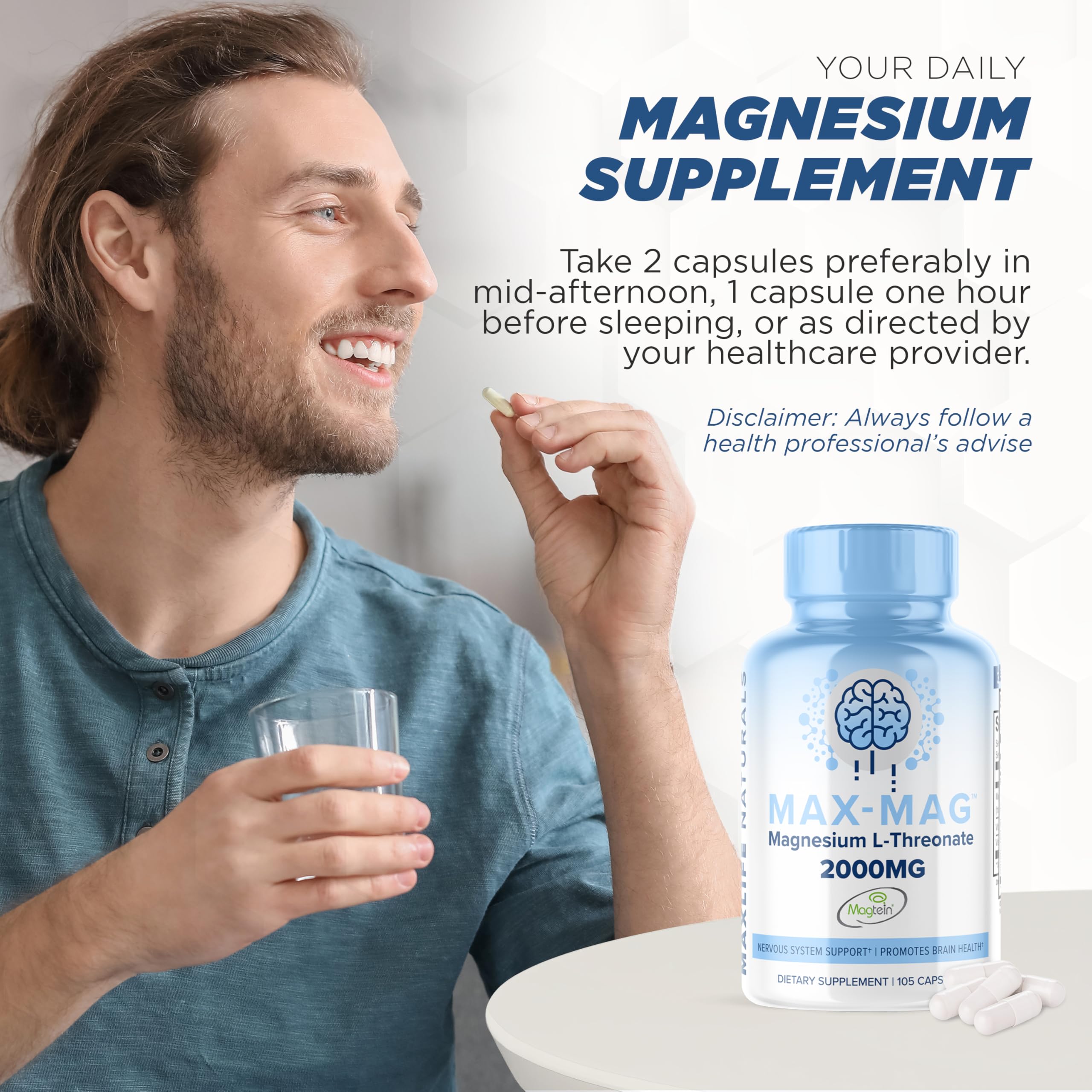 Magtein Magnesium L-Threonate 2000mg - Max-Mag Magtein Magnesium Threonate Supplement with Vitamin D3 and K2 for Brain, Sleep, & Mood - 105 Easy to Swallow Magnesium L-Threonate Capsules