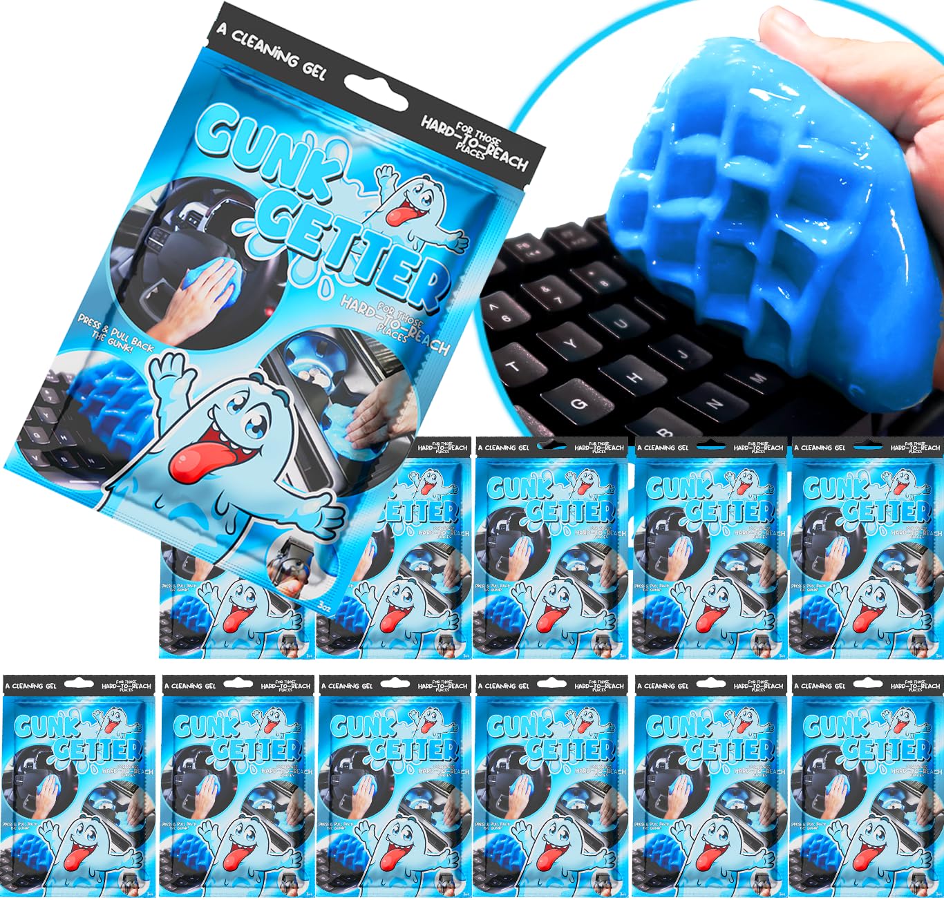 Gunk Getter 12 Pack Cleaning Gel for Those Hard to Reach Places, Automotive Cup Holder Electronic Keyboard Office, Slime Gel Cleaner Dust Crumb Removal (Resealable Pouch, Blue, 3oz)