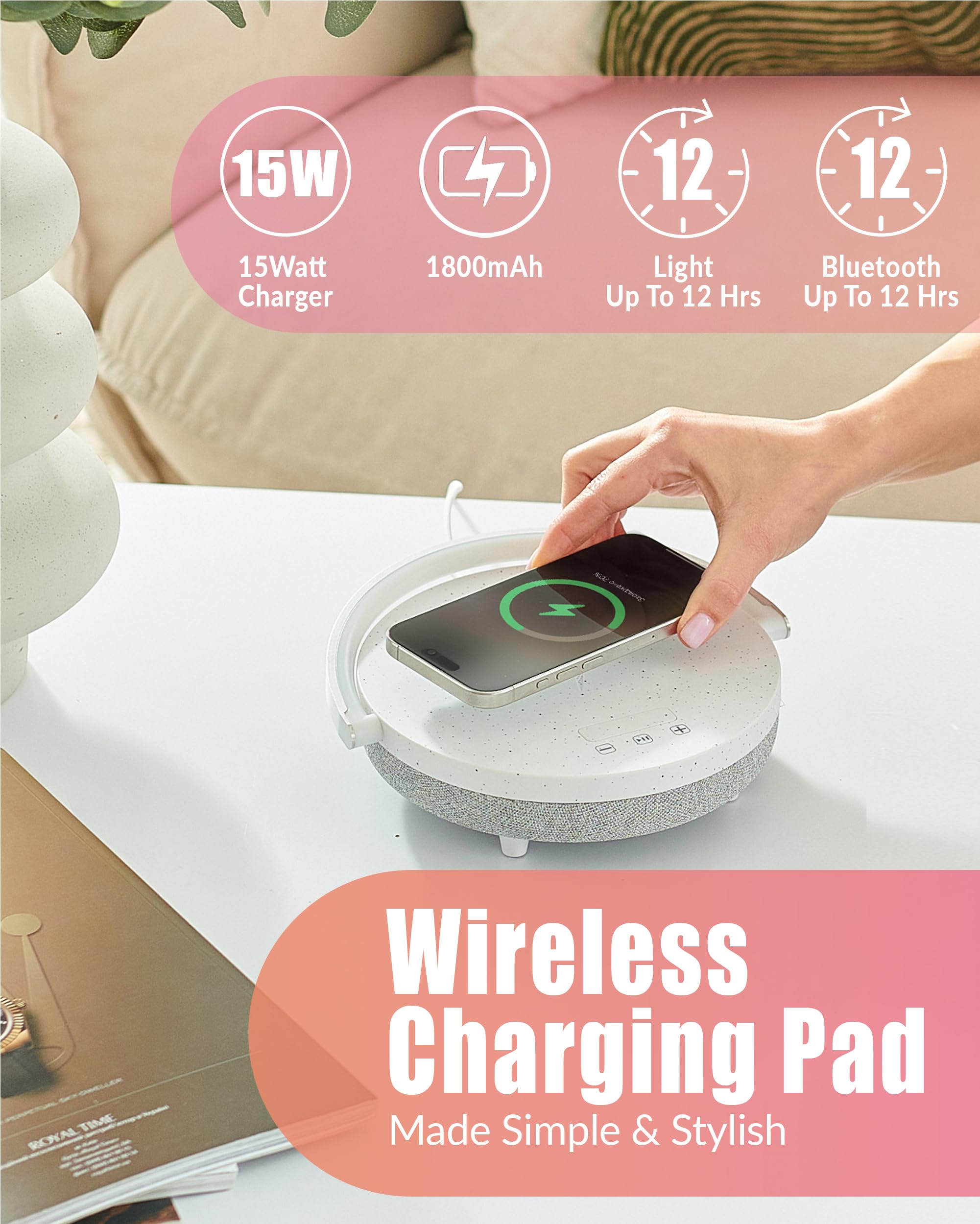 BELMAK Family Christmas Gifts, Bedside Lamp with Wireless Charger, Phone Charging Lamps for Bedroom,Speaker Lamp Bluetooth Wireless,6 in 1 Touch Bedside Lamp,Unique Gifts for Women,Birthday Gift Ideas