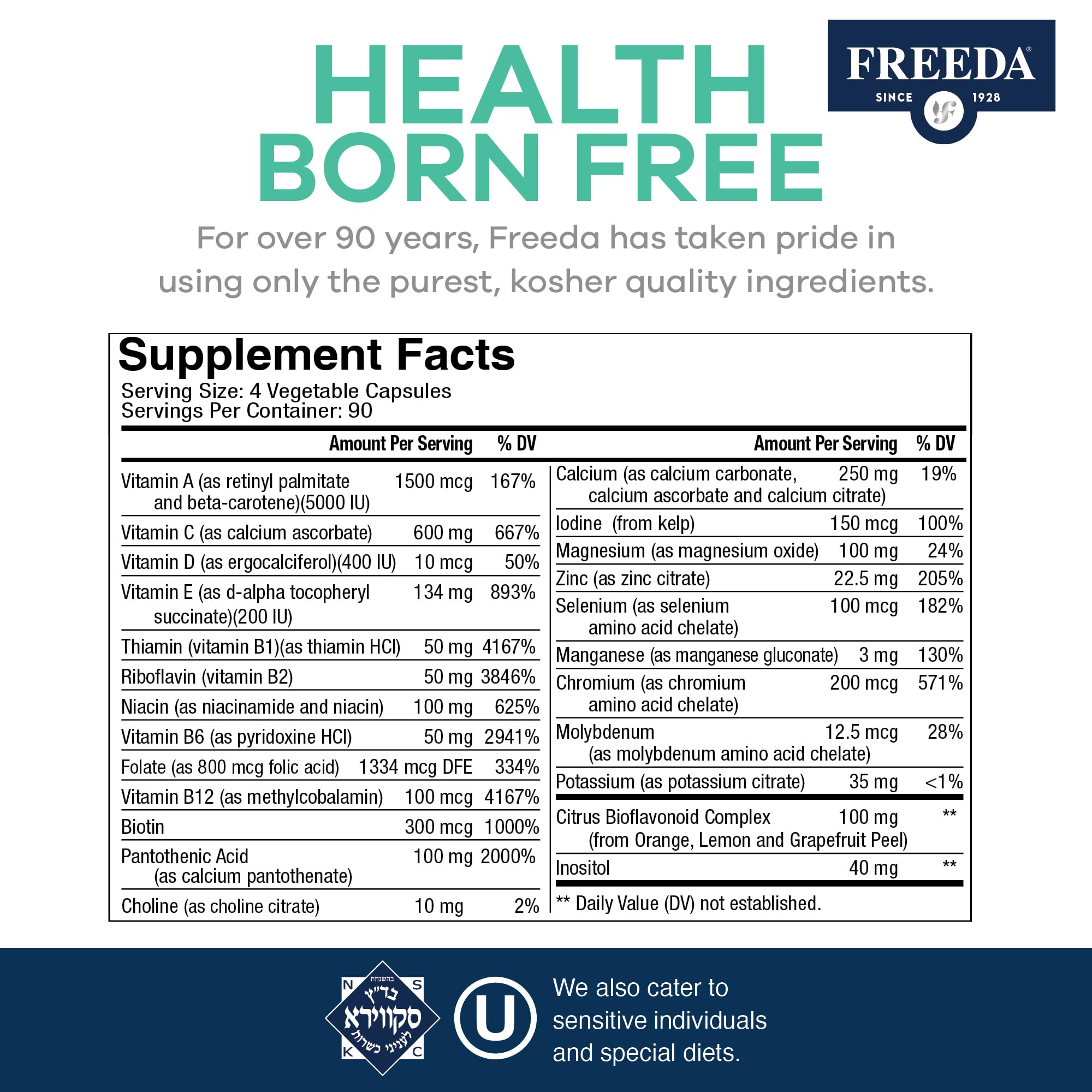 Freeda Multivitamin - Iron Free Ultra Freeda - Kosher Multi Vitamins Supplements for Women Health - Men’s Vitamins for Men Health - Multivitamins for Men & Women Adult Vitamins Multivitamin (360)