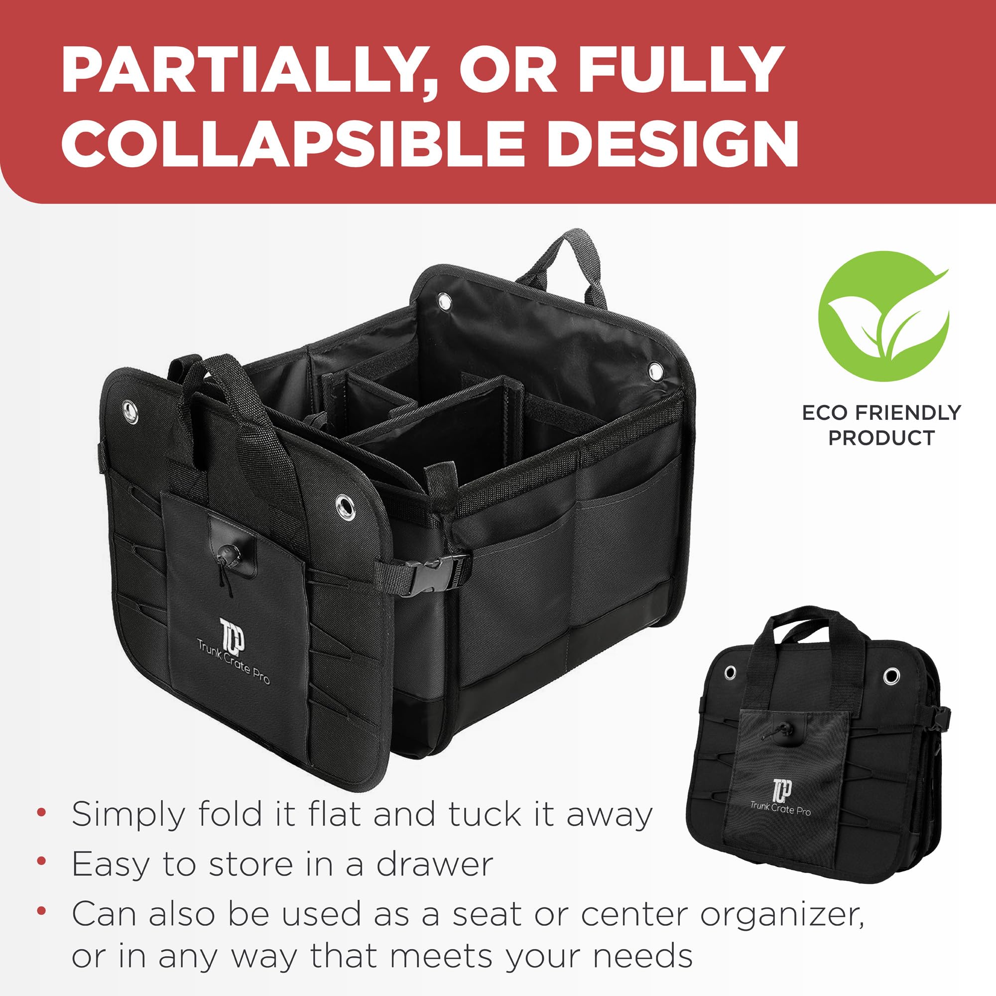 TRUNKCRATEPRO Trunk Organizer For Car, Suv, Truck | Premium Adjustable Multi Compartments Collapsible Car Trunk Organizer With Securing Straps & Non-Slip Bottom (Large Size, Black)