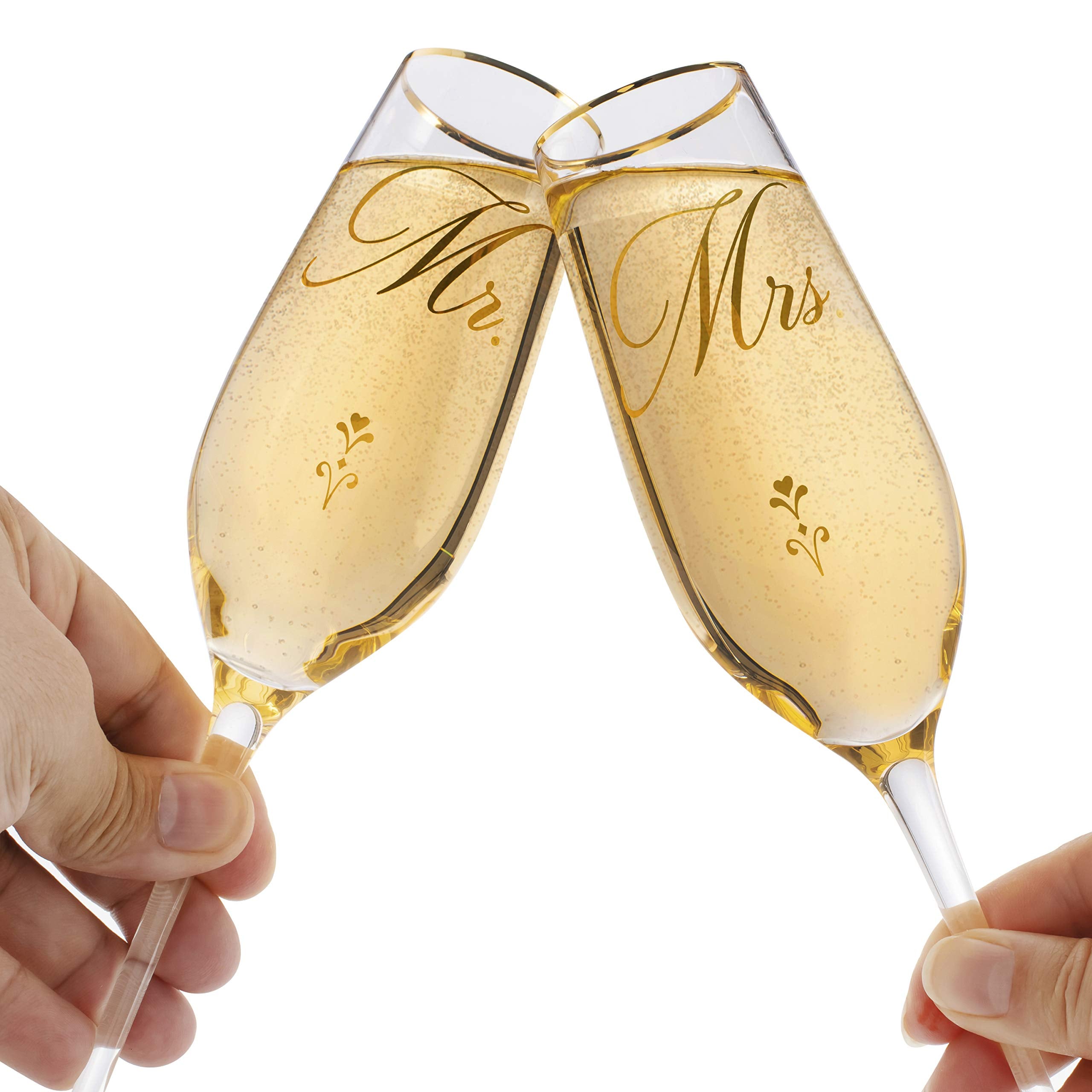 Bride and Groom Champagne Glasses (8 oz), Gold Print Mr and Mrs Glasses for Wedding Glasses and Toasting Flutes, Bridal Shower Gifts, Engagement Gift, Comes with Gift Box and Note Card