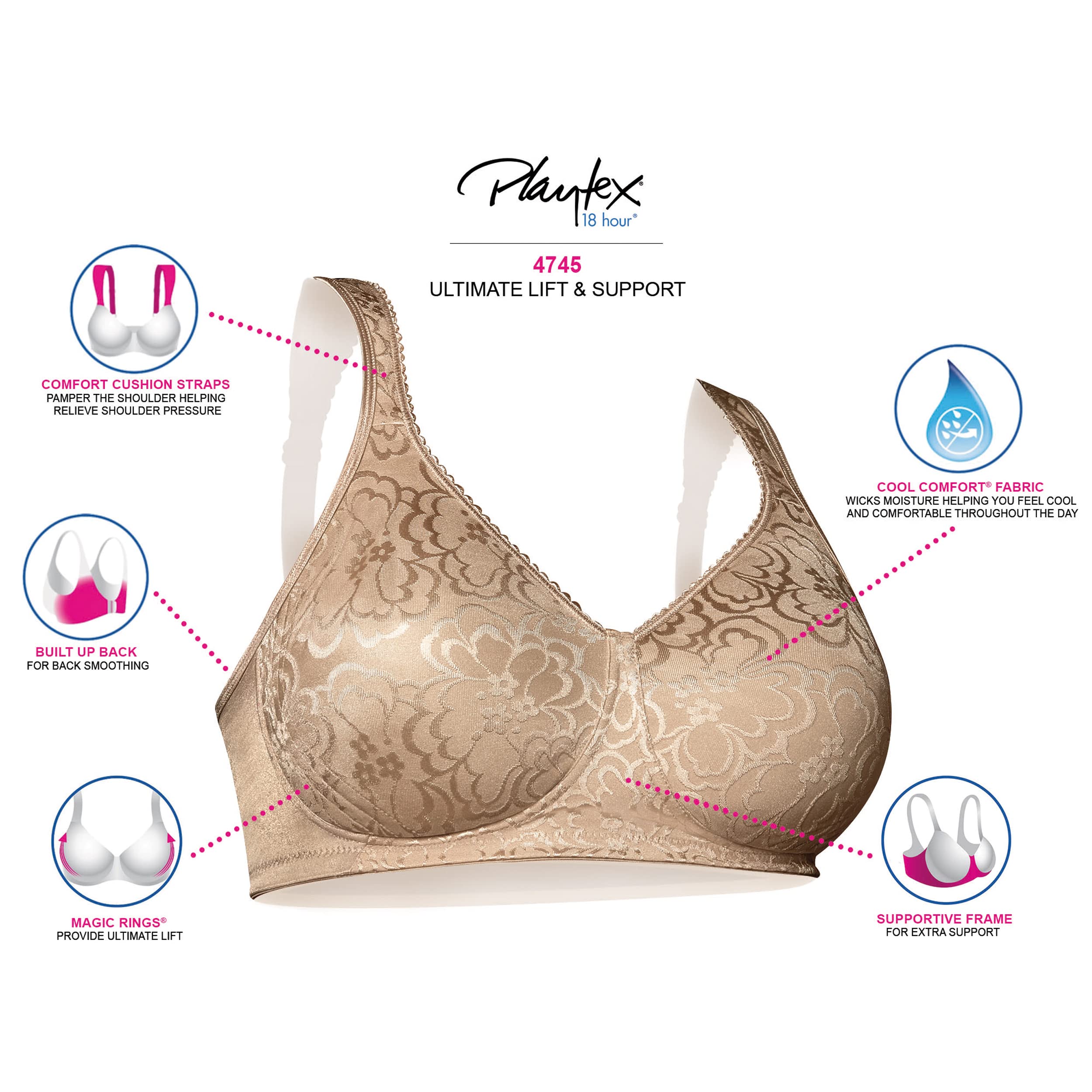 Playtex Women's 18-Hour Ultimate Lift Wireless Full-Coverage Bra, Single or 2-Pack, White Animal