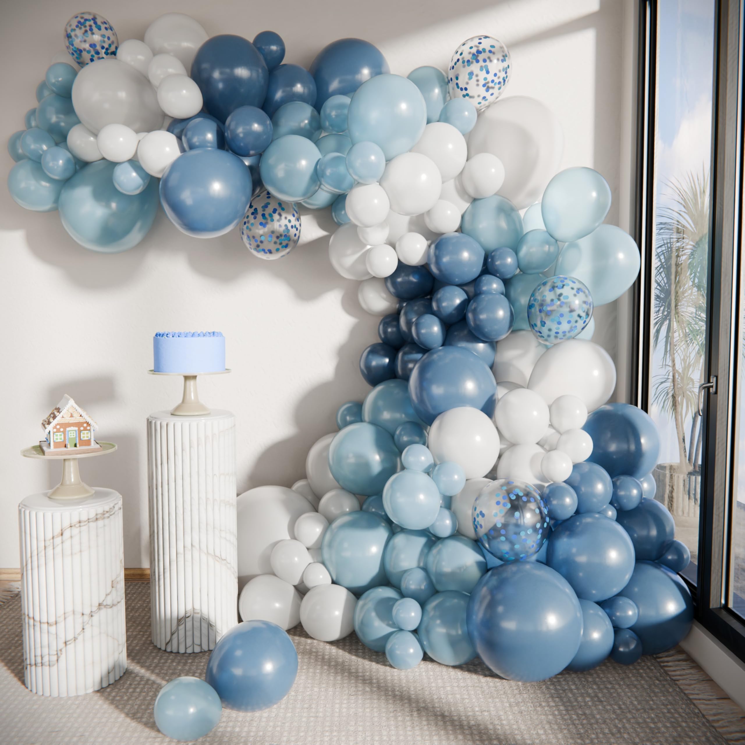 Balloon Garland Arch Kit – 146 Pcs Dusty Blue, White, Light Blue & Confetti Balloons & Baby Shower Boxes with Letters – White Boxes with White, Dusty Blue, Light Blue and Confetti Balloons