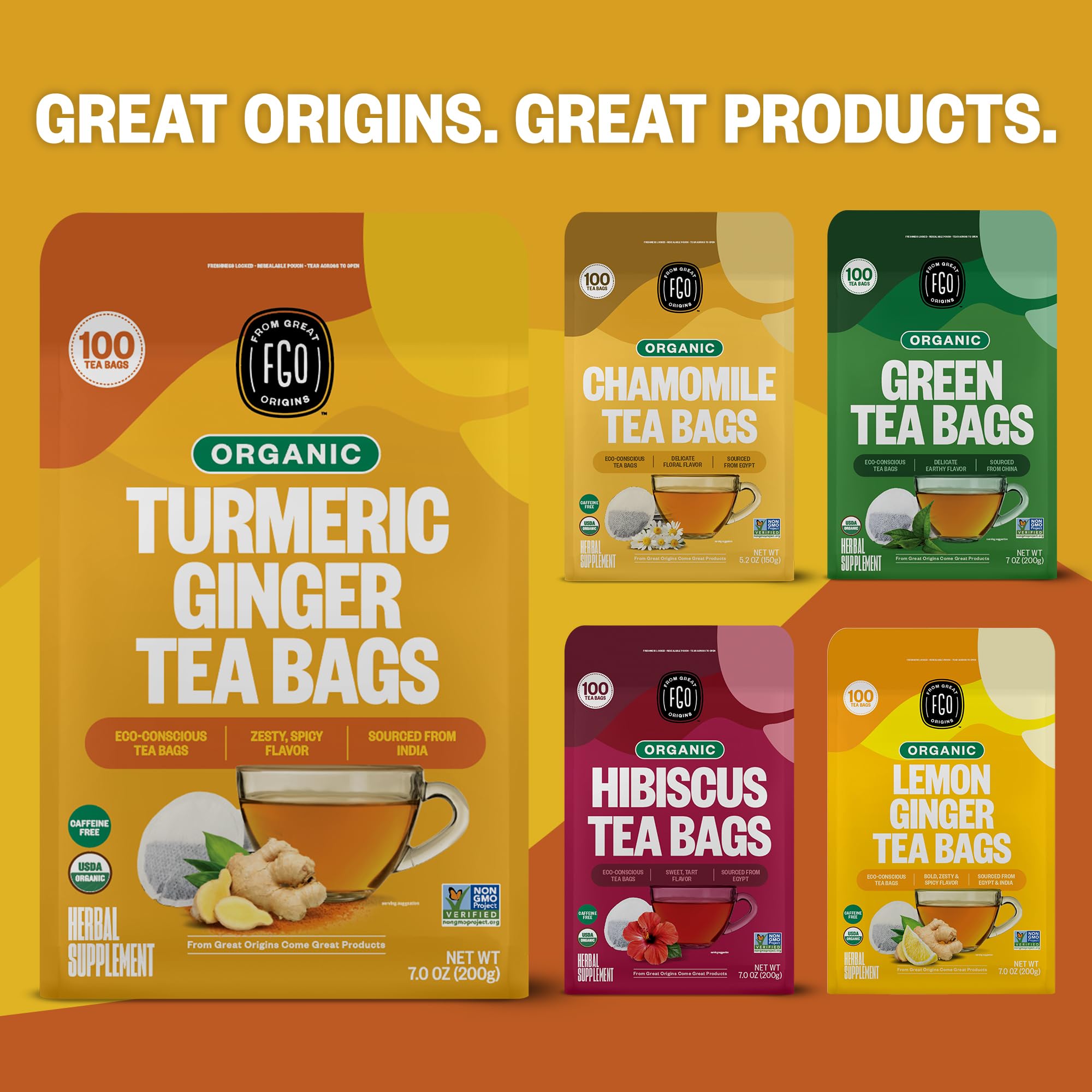 FGO Organic Turmeric Ginger Tea, Eco-Conscious Tea Bags, 100 Count, Packaging May Vary (Pack of 1)