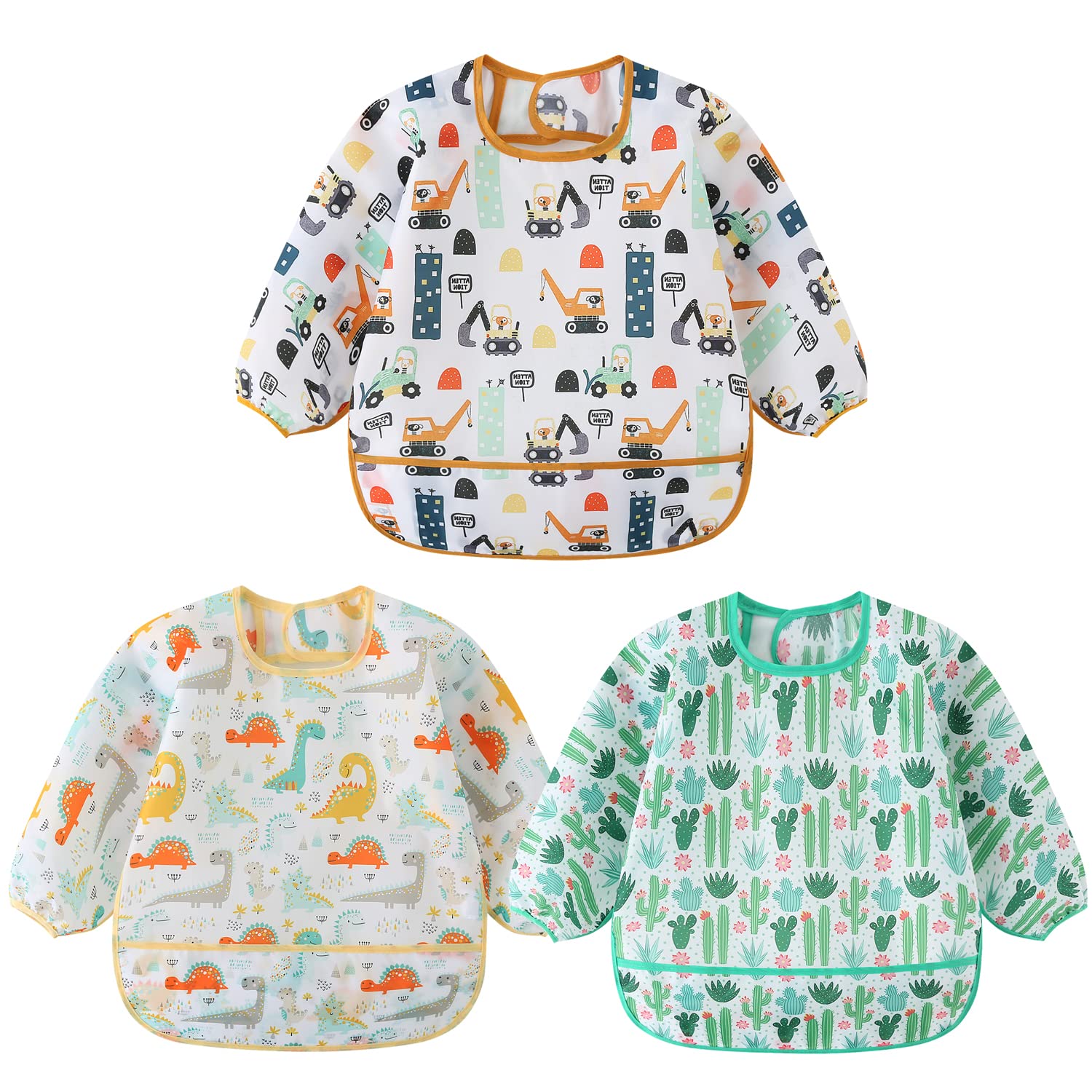 HaimoBurg 3 Pcs Waterproof Long Sleeves Baby Bibs Weaning Smock Bib 3-24 Months