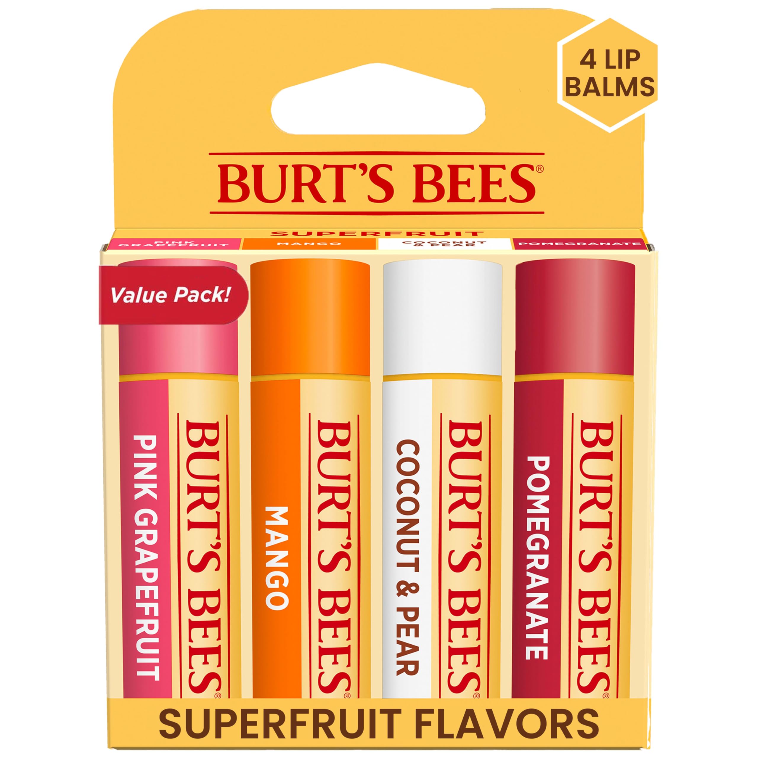 Burt's Bees Lip Balm Stocking Stuffers, Moisturizing Lip Care Christmas Gifts, SuperFruit - Pomegranate, Coconut & Pear, Mango, Pink Grapefruit, Natural Origin Treatment (4-Pack)