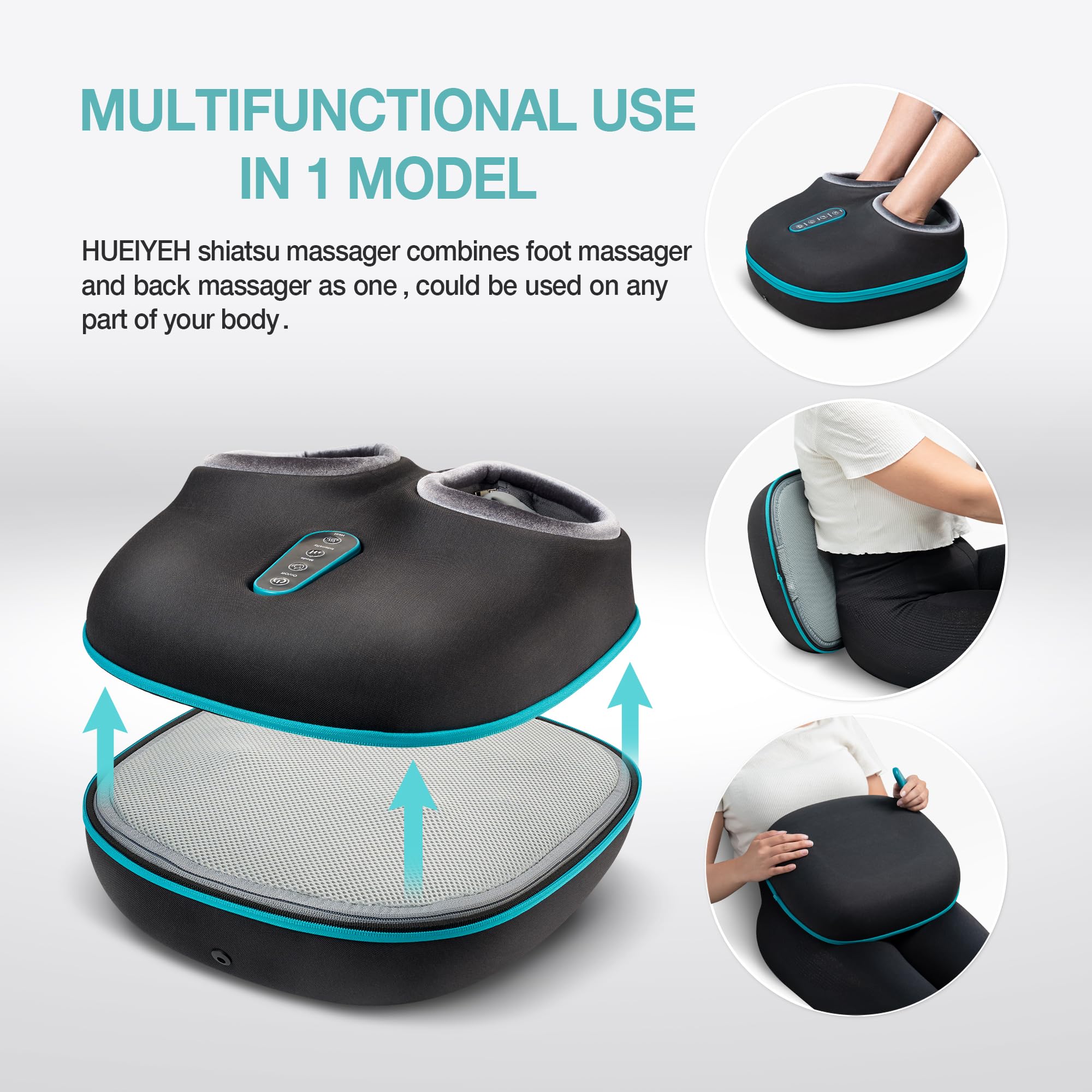 HUEIYEH 2-in-1 Shiatsu Foot and Back Massager with Heat, Foot Warmer Heating Pad for Circulation and Pain Relief, Plantar Fasciitis, Neuropathy, Adjustable Kneading Massagers, Gifts for Women,Men