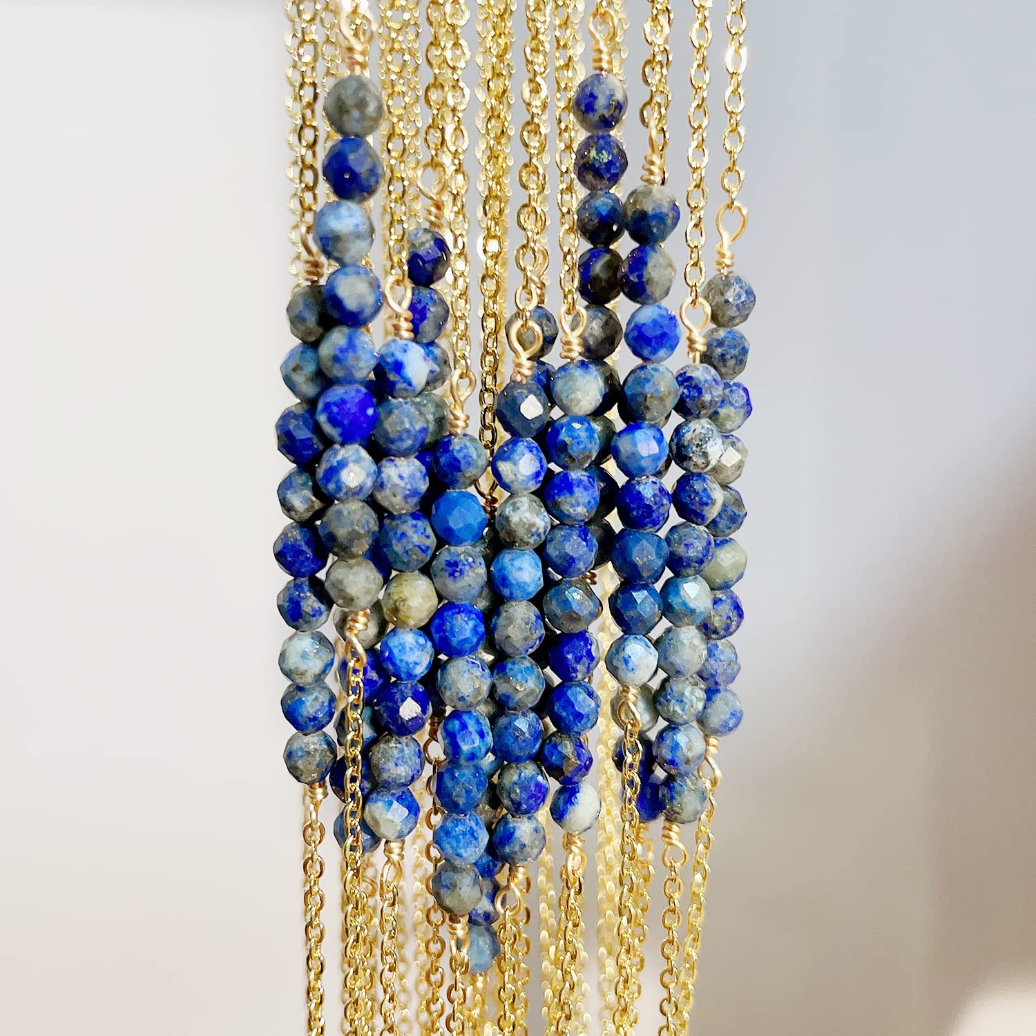 DeScount Dainty Beaded Lapis Bar Necklace,September Birthstone Necklace,18K Gold Plated Handmade Faceted Lapis Stone Beads Bar Boho Necklaces for Women