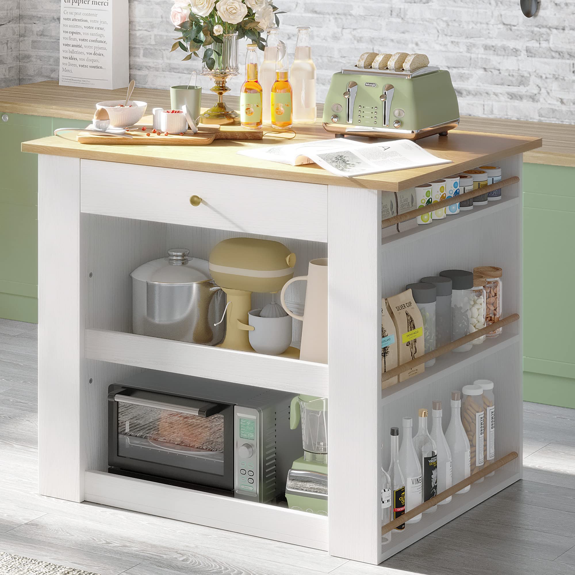 IRONCK Kitchen Island with Storage, Large Organized Storage Space with Power Strip, 2-Door Cabinet and 2 Open Shelves/Dual Side Drawers/5 Open Spice Racks, 29.5" D x 39.4" W x 37.8" H, White
