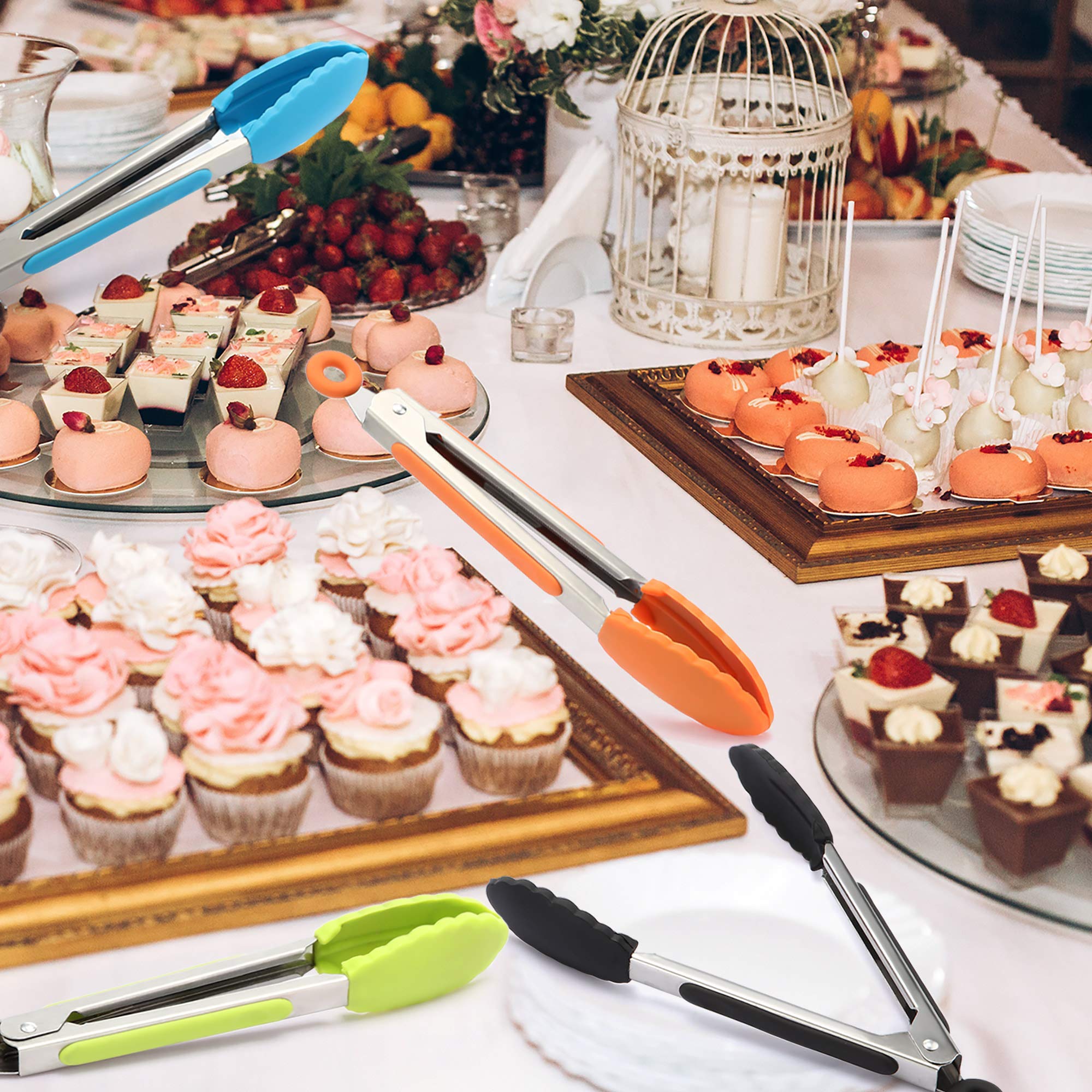 Mudder 5 Pcs Mini Silicone Tongs 7 Inch Small Serving Kitchen Tongs with Silicone Tips Christmas Party Supplies for Salad, Grilling, Frying and Cooking(Multi)