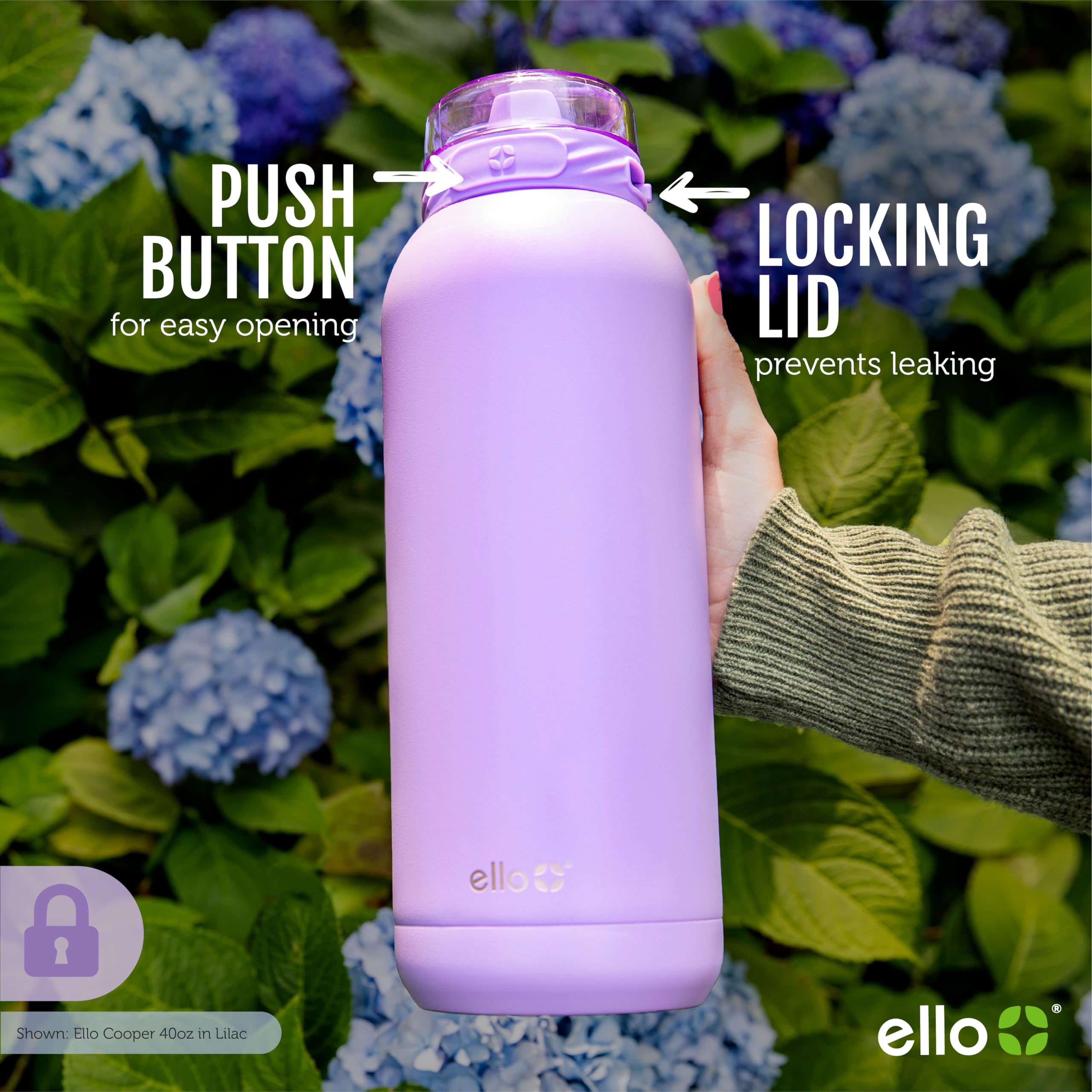 Ello Cooper 40oz Stainless Steel Water Bottle with Straw and Carry Handle, Double Walled and Vacuum Insulated Metal, Leak Proof Locking Lid with Soft Silicone Spout, Reusable, BPA Free, Yucca