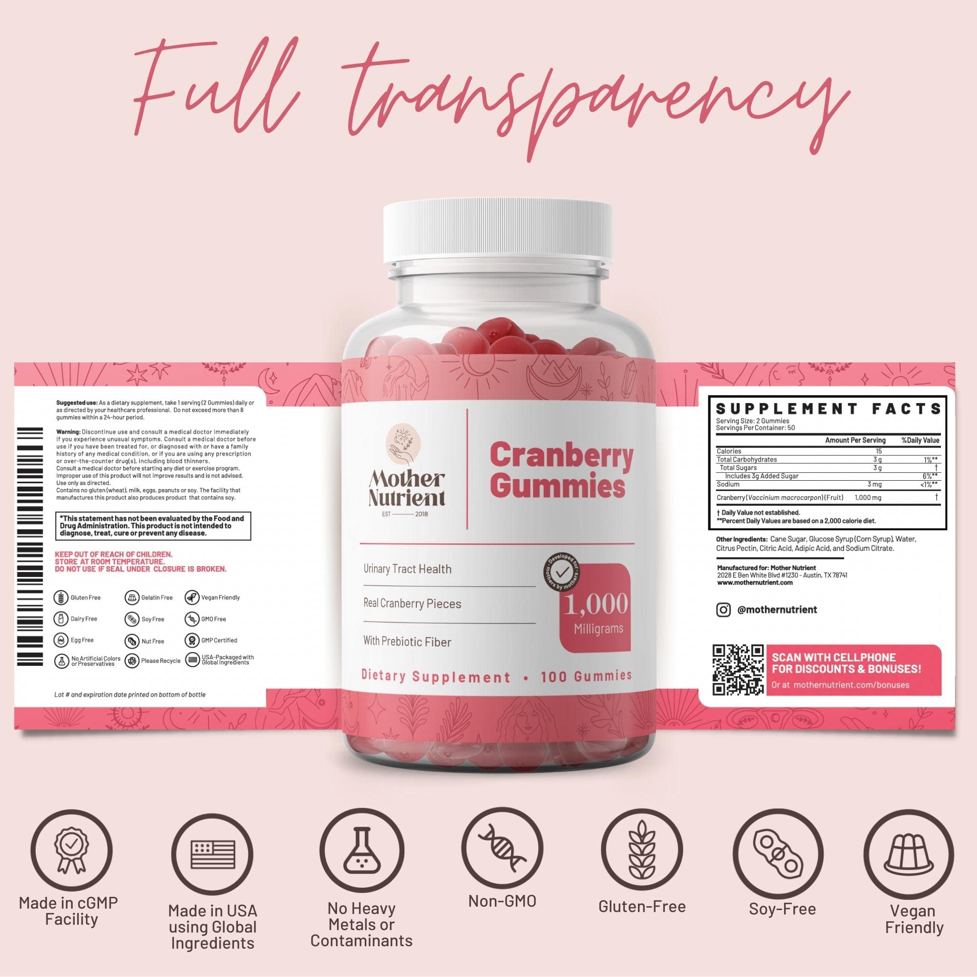 Mother Nutrient - Cranberry Gummies for Women & Kids, Kids Cranberry Gummies - Less Tart & 90% Less Sweet, Gluten-Free, Non-GMO, Vegan - 1,000mg Pure Cranberry Extract - 100 Count, 50-Day Supply