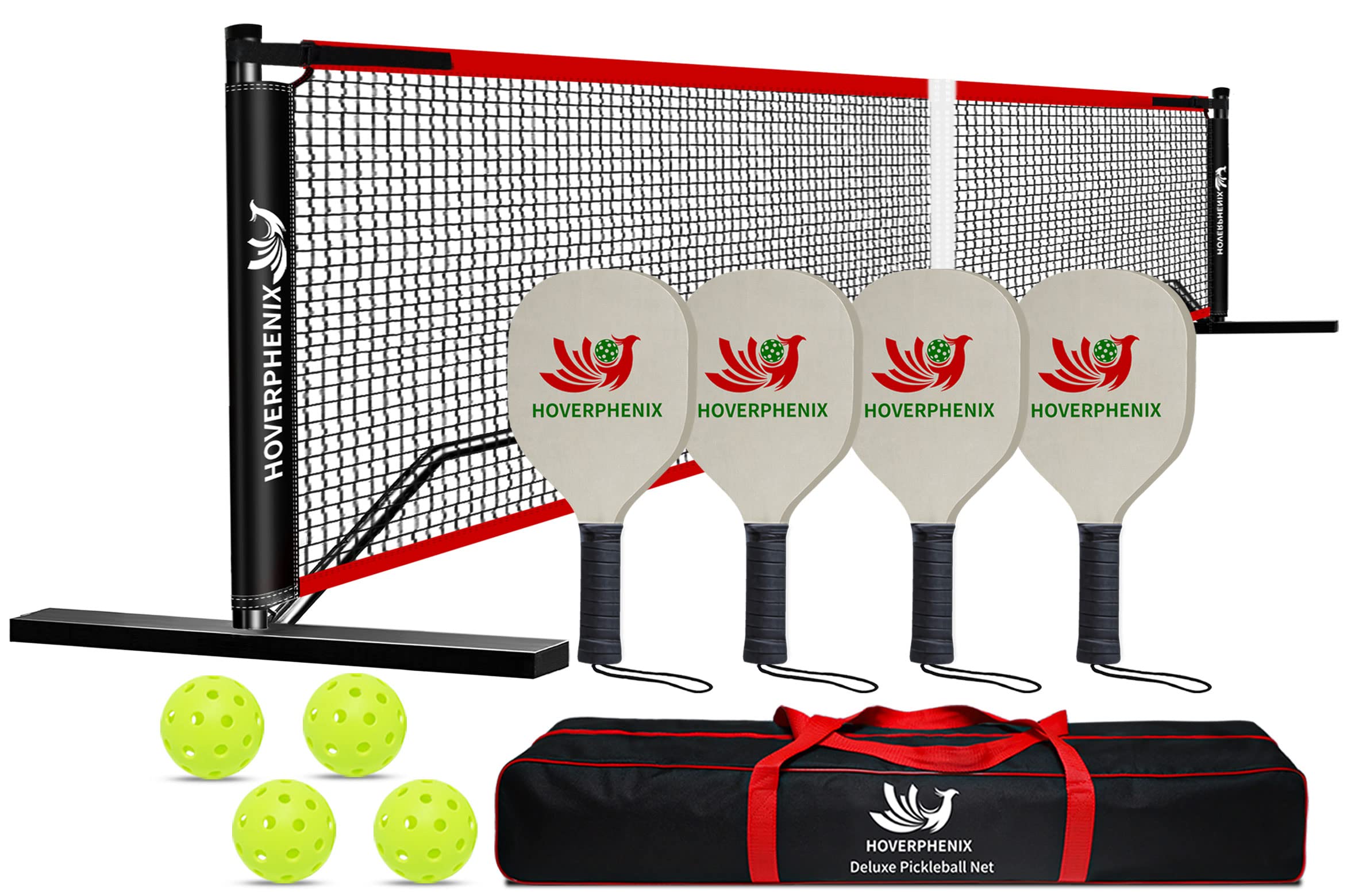 Hoverphenix Driveway Portable Pickleball Set with Paddles, Balls, Carry Bag, and Weather Resistant Net System