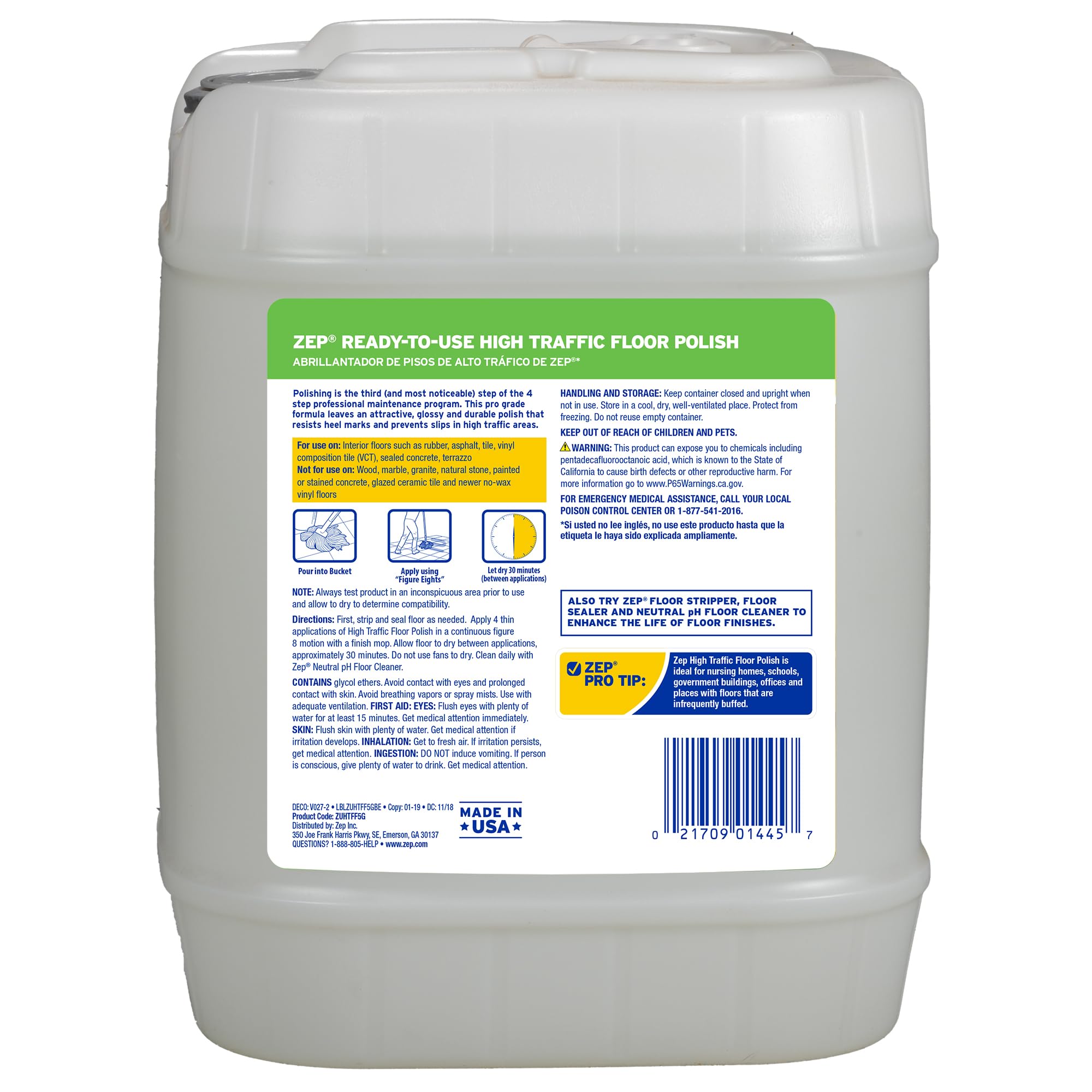 Zep High Traffic Floor Polish - 5 Gal (1 Pail) ZUHTFF5G - Scuff and Slip Resistant Durable Floor Finishing Polish for Vinyl (VCT), Sealed Concrete, Rubber, Tile, and Terrazzo Floors