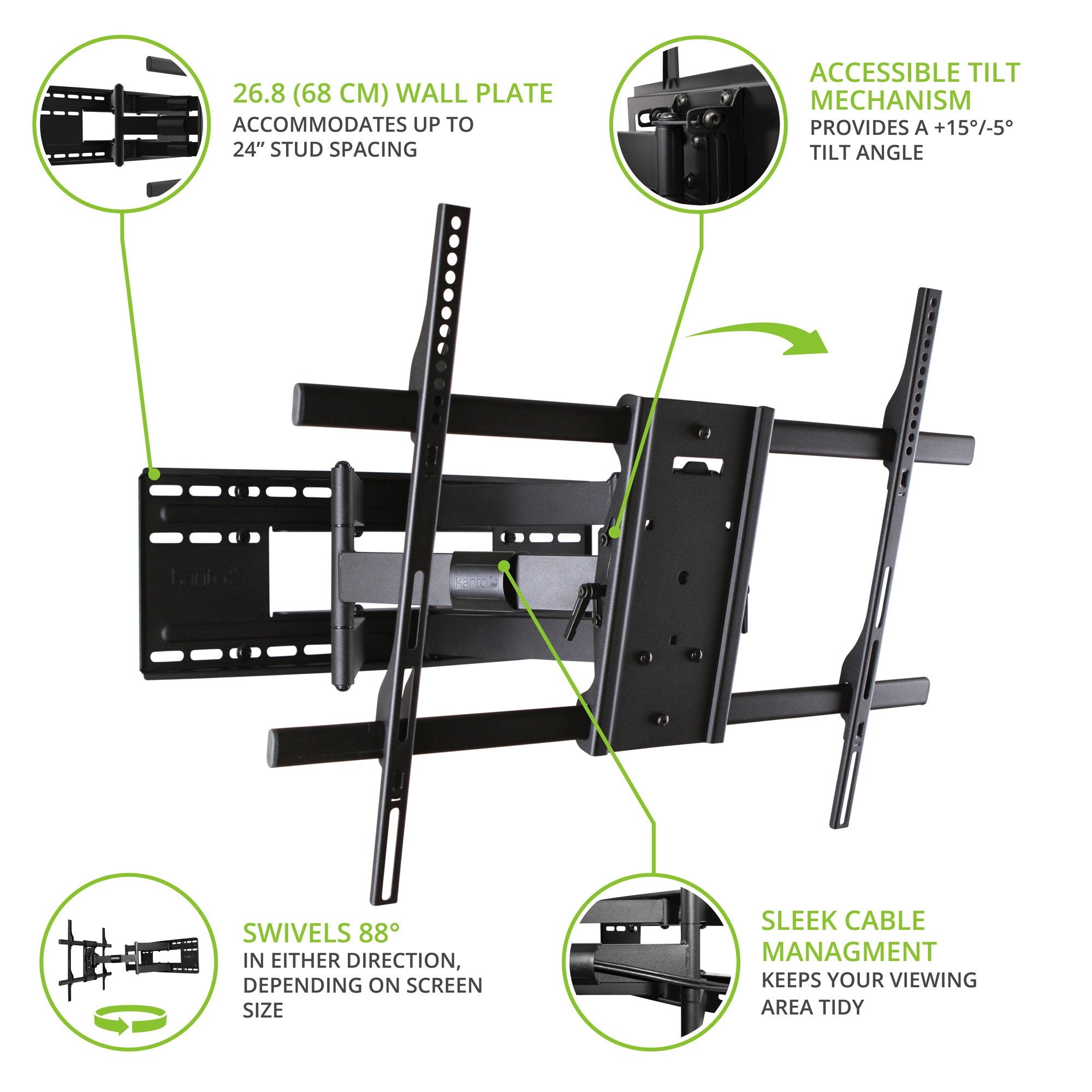 Kanto FMX3 Full Motion Articulating TV Mount for 50 to 100 inch TVs | Supports up to 150 lb (68 kg) | Up to 28" Extension | +15° to -5° Tilt | 88° Swivel | Black.