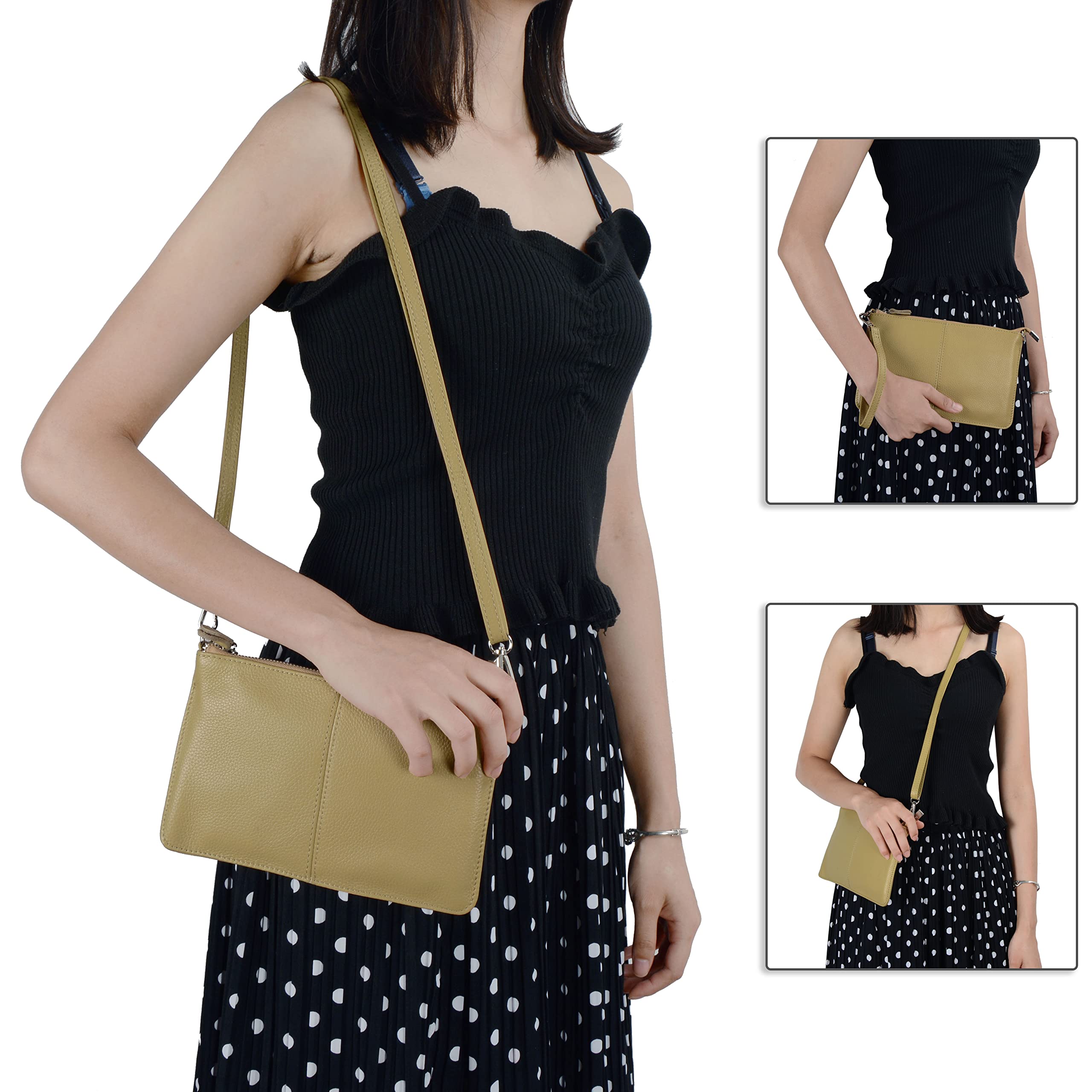 befen Women's Beige Leather Wristlet Clutch Phone Wallet Small Crossbody Purses and Hangbag with RFID Card Slots - Tan