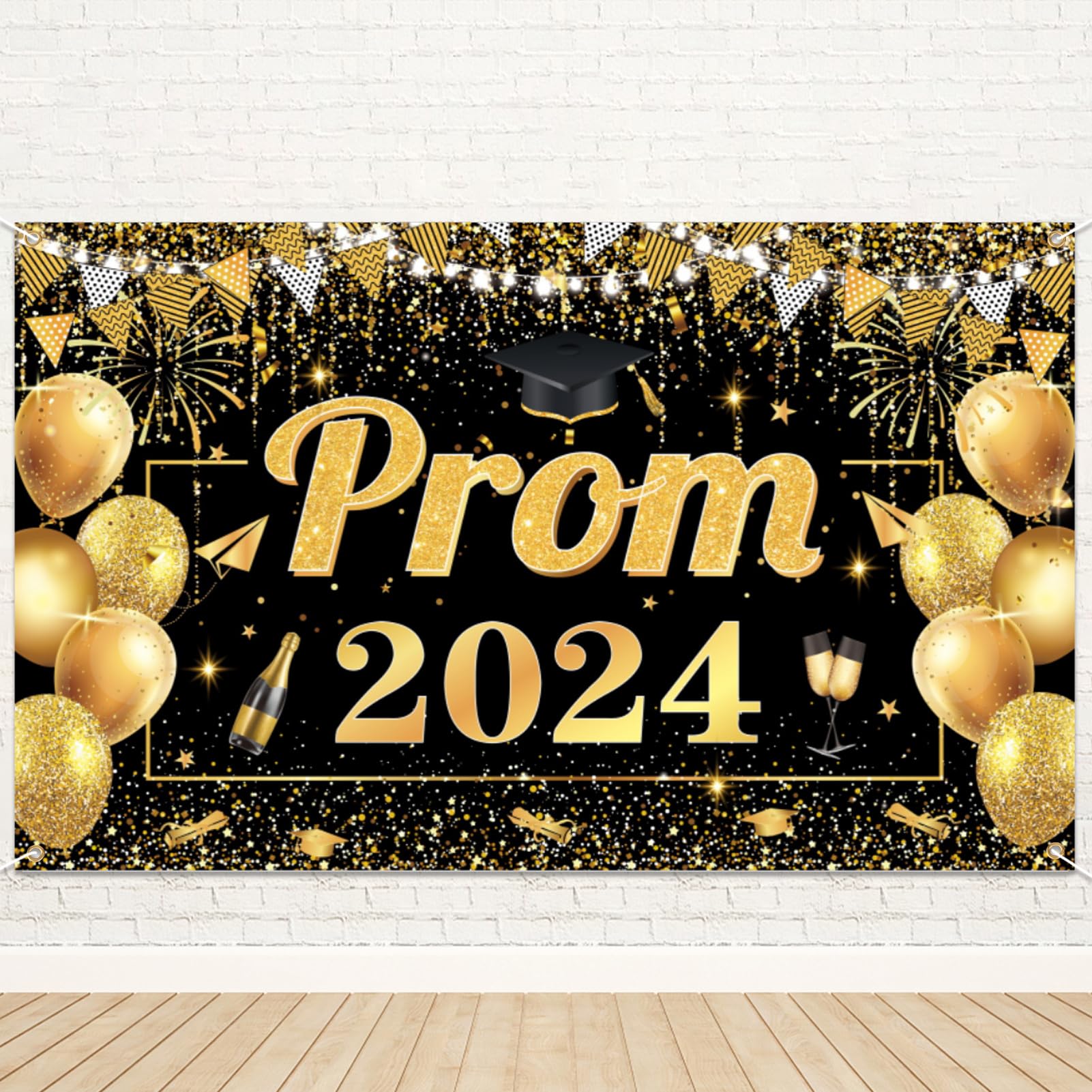 Qpout Prom 2024 Backdrop Black Gold Graduation Prom Night Class of 2024 Background Banner for Indoor Outdoor Grad University Student Graduation Prom Party Decorations,70.8 * 43.3inch