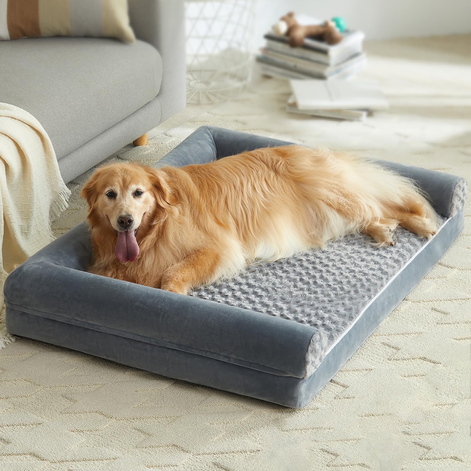 LNSSFFER Washable Dog Beds for Large Dogs, Orthopedic Dog Sofa Bed with Removable Cover & Waterproof Lining, Washable Pet Couch Bed with Sides, Memory Foam Dog Bed for Large Dog & Cat Sleeping, Grey
