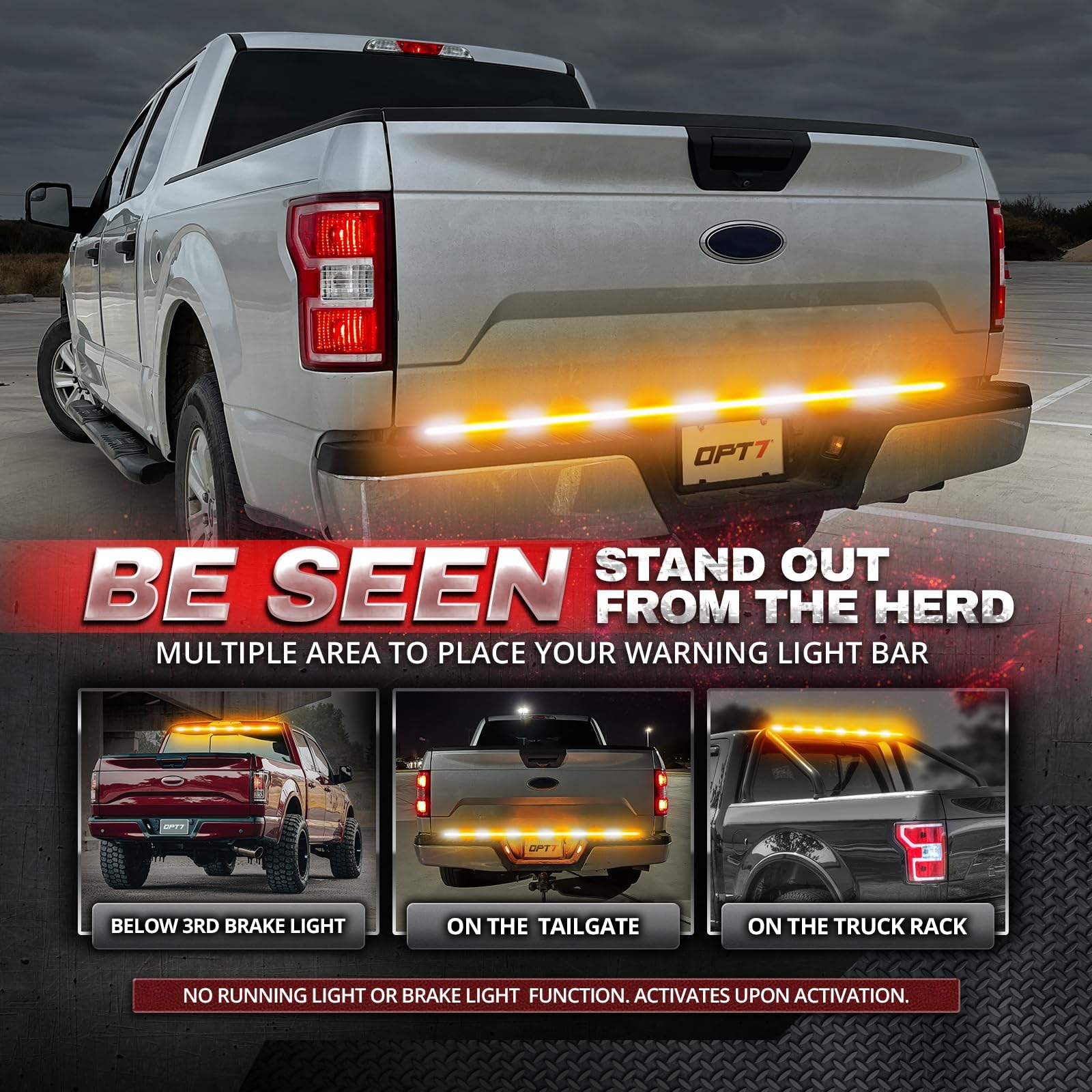 OPT7 60" Tailgate Strobe Light Bar, Double Row LED Aluminum Weatherproof Strobe Light Strip w/Amber White Flashing Warning Hazard Emergency Light for F150 Silverado Truck Trailer Construction Vehicles