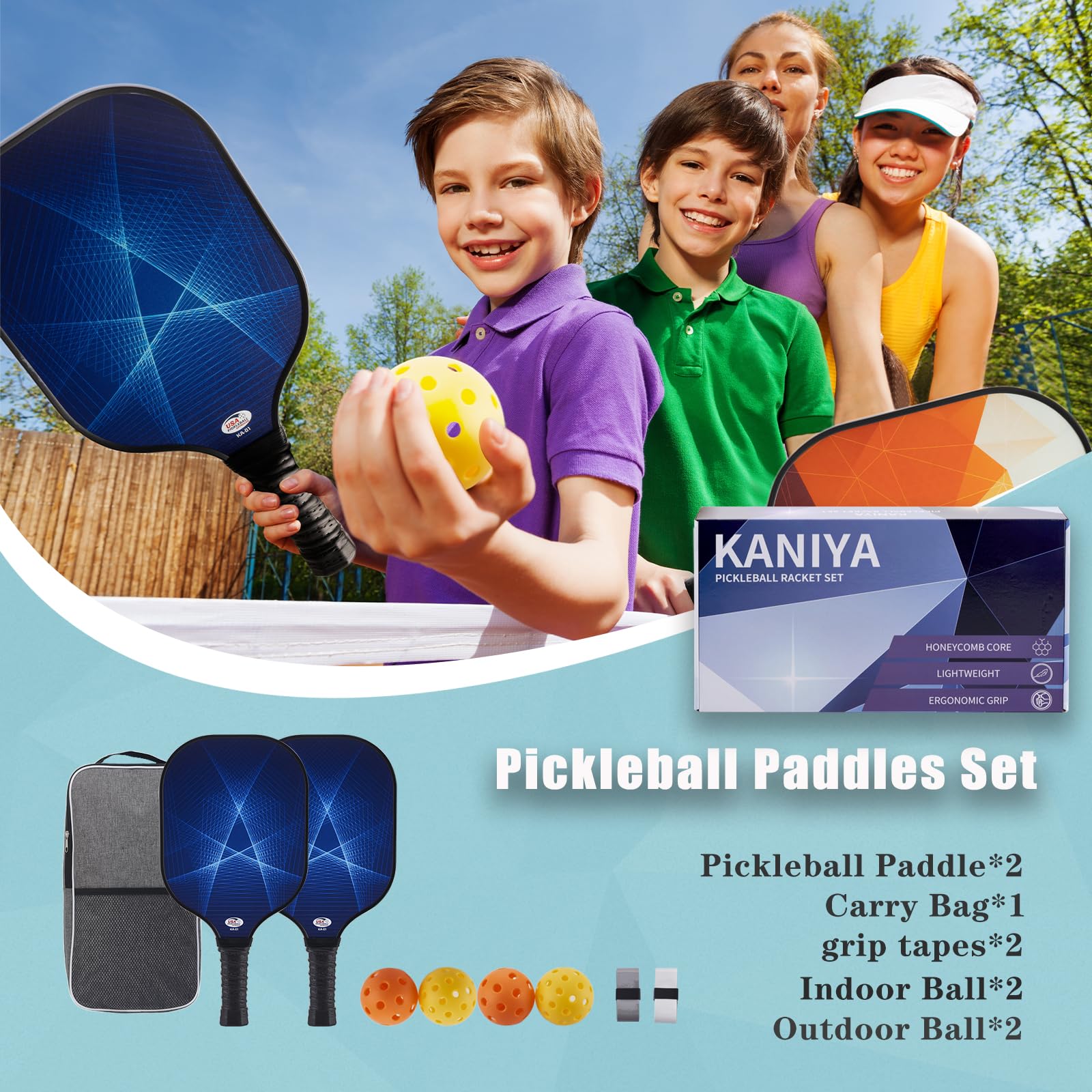 Kaniya Pickleball Paddles Set of 2,Fiberglass Pickle Ball Paddle ergonomic Pickleball rackets for both men and women,a gift for beginners and adults（blue）